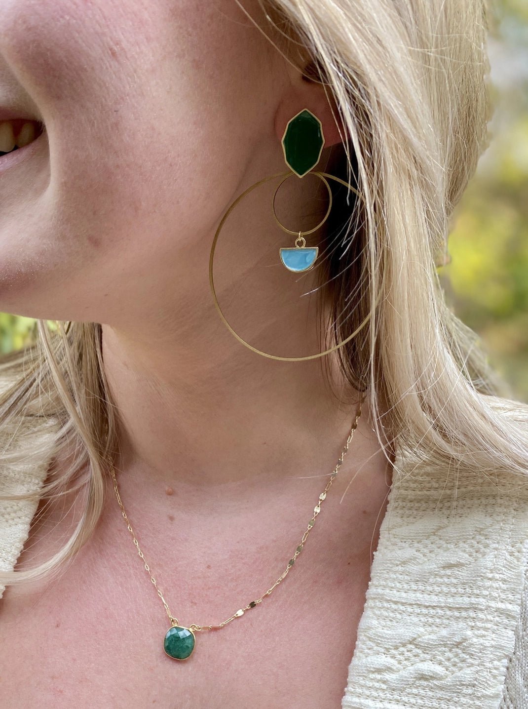 Rose & Lee Co Statement Double Hoop Earrings, Emerald Earrings