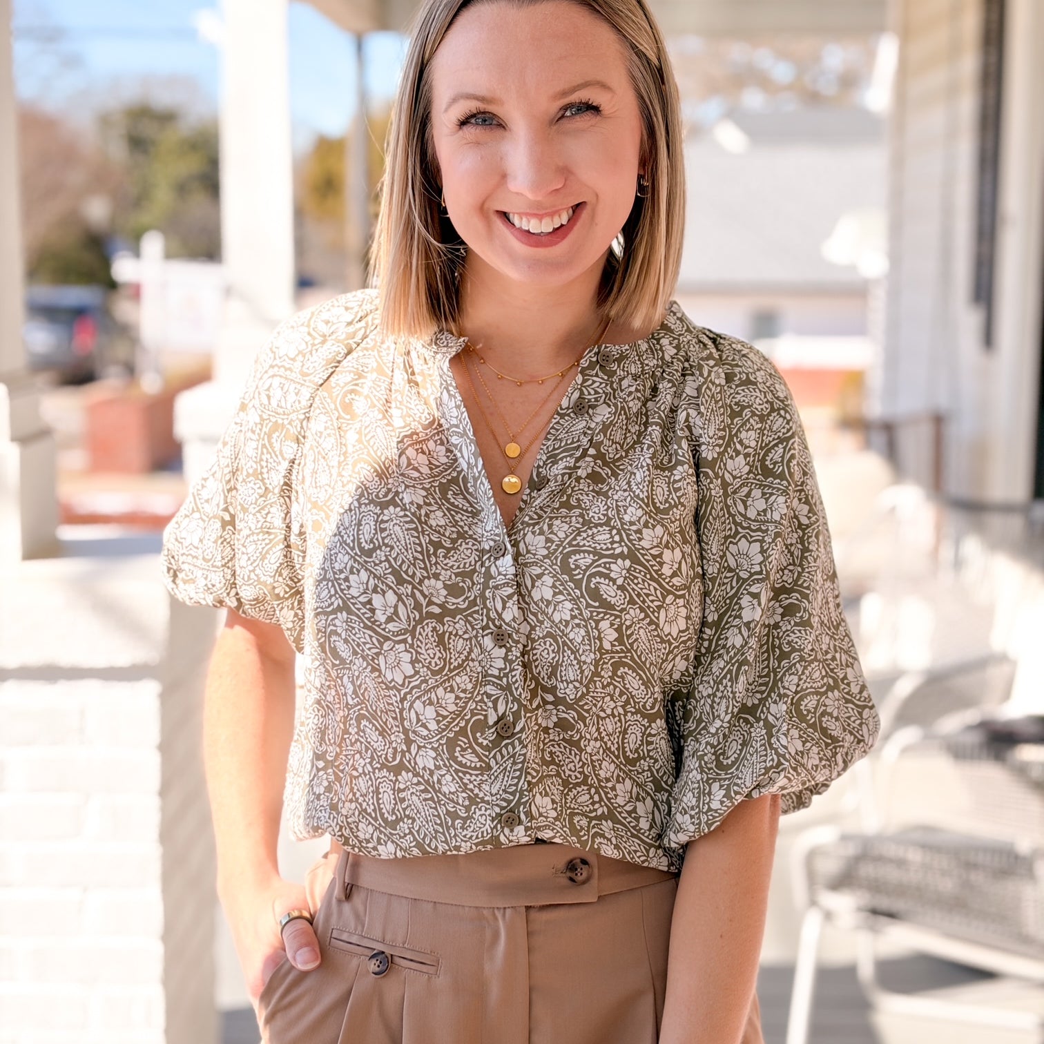 Olive Green Floral Print Work Blouse
