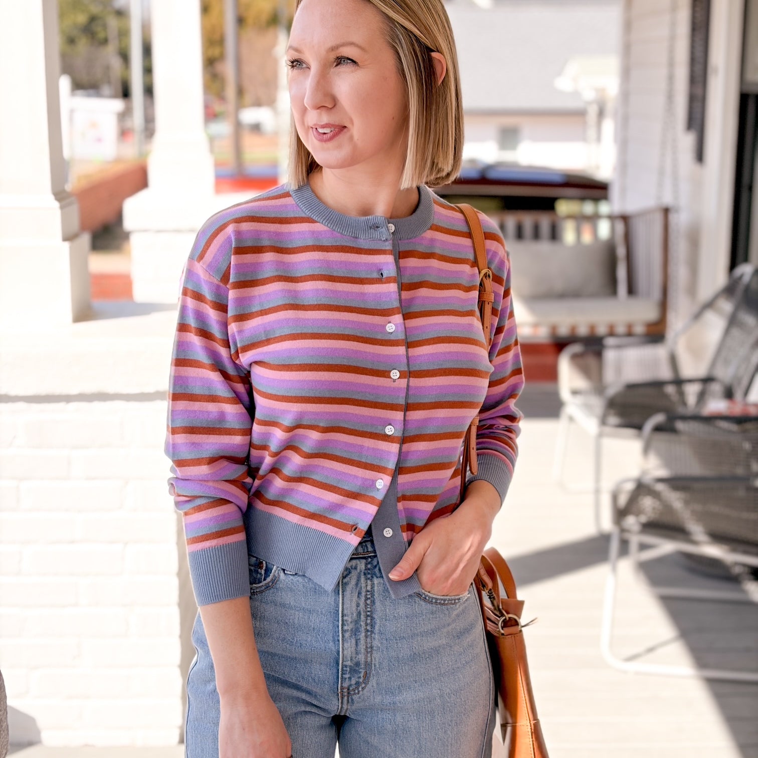 cardigan with light blue, pink, red and purple stripes