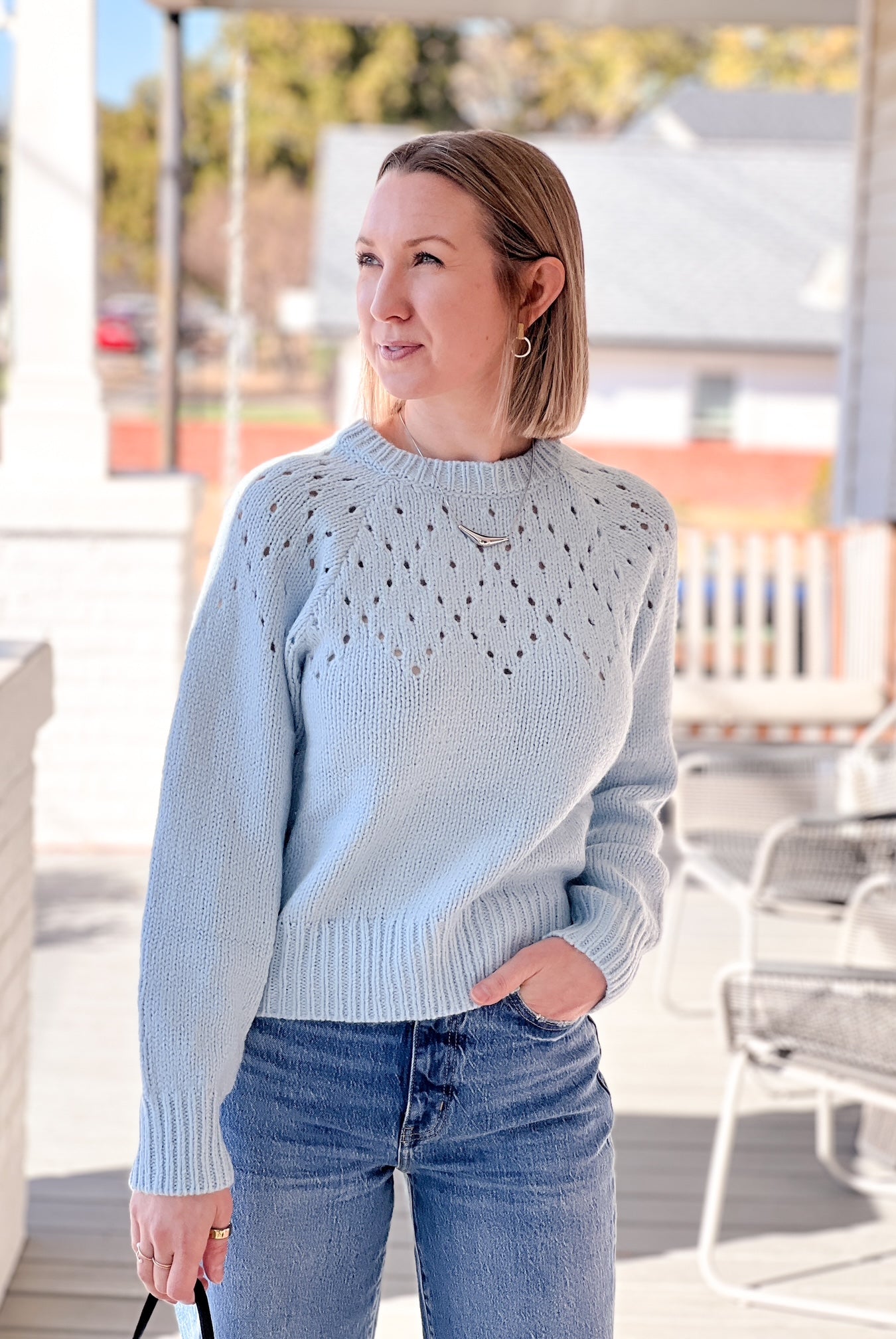 Openwork Knitted Blue Sweater