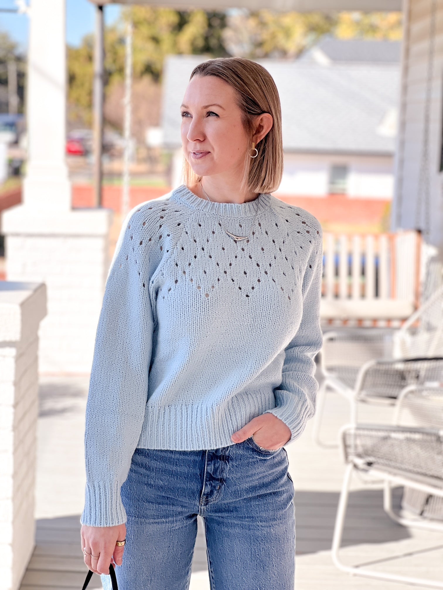Openwork Knitted Blue Sweater