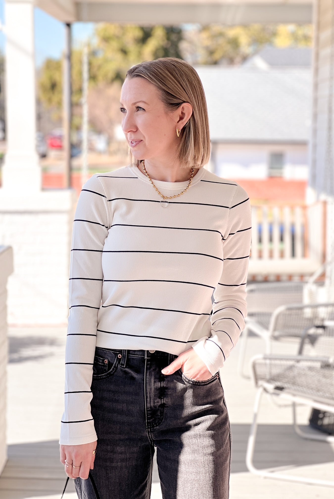 Ivory/Black Striped Long Sleeve Casual Top