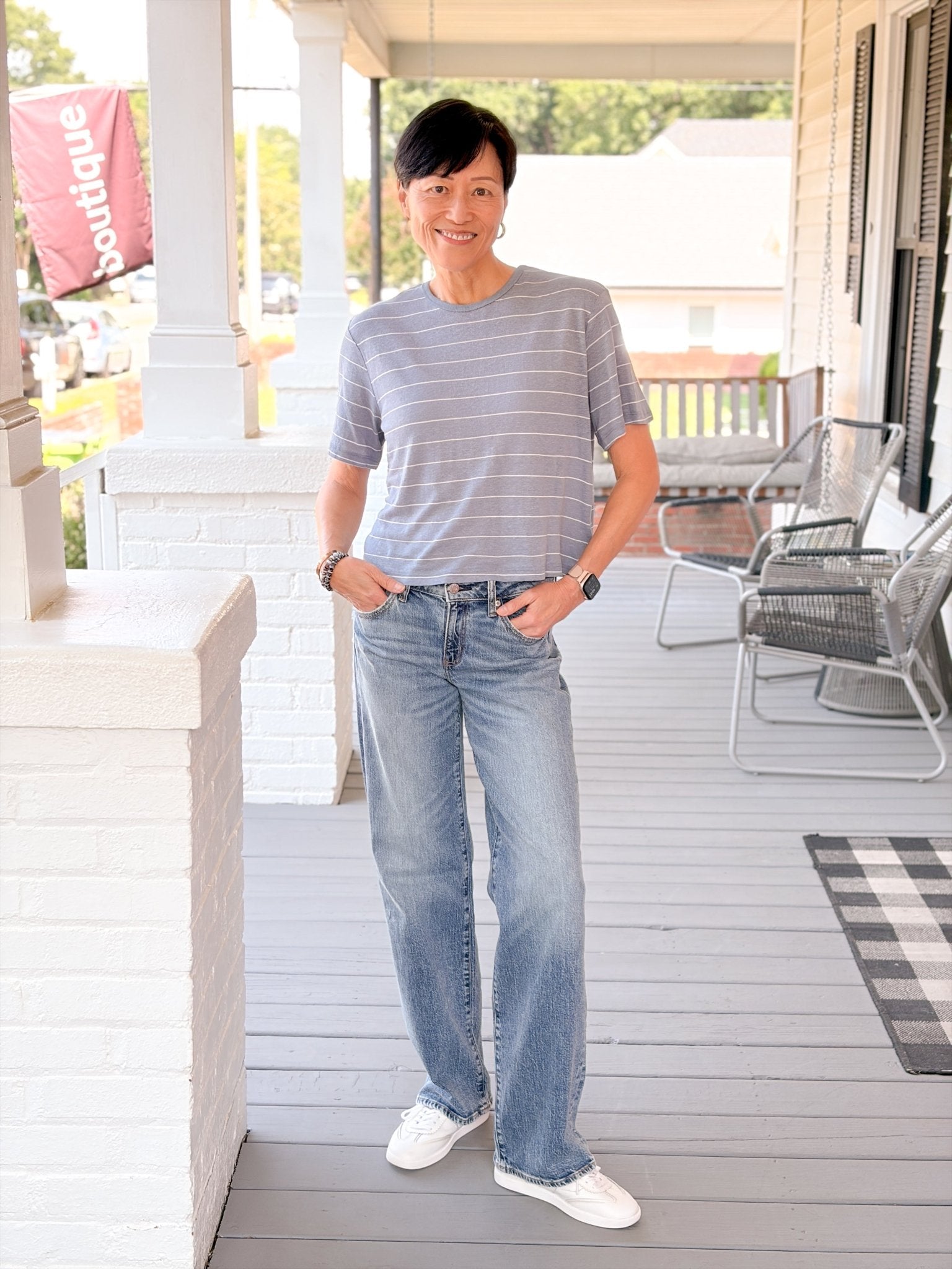 Rose & Lee Co Alexia Tee, Blue/White Stripe short sleeve