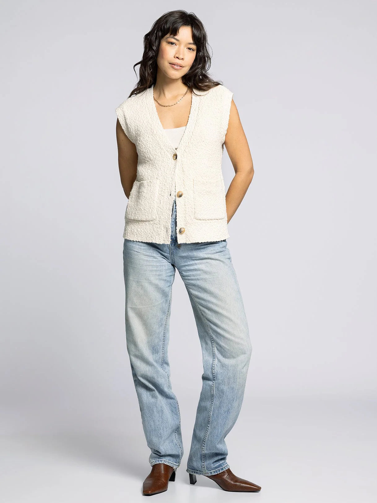 Antique White Sleeveless Button Front Cardigan