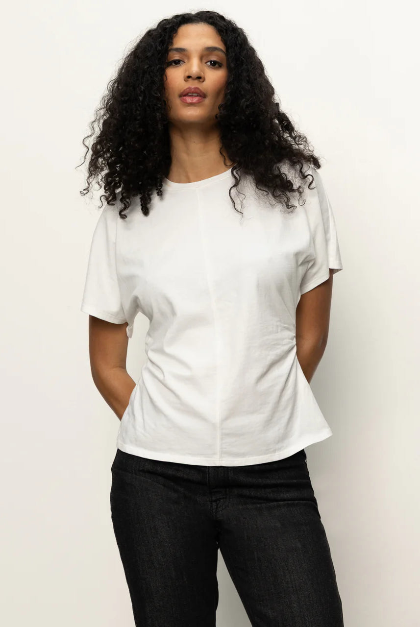 Short Sleeve Shirred Waist White Top