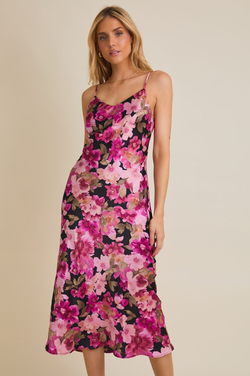 pink floral dress with spaghetti straps