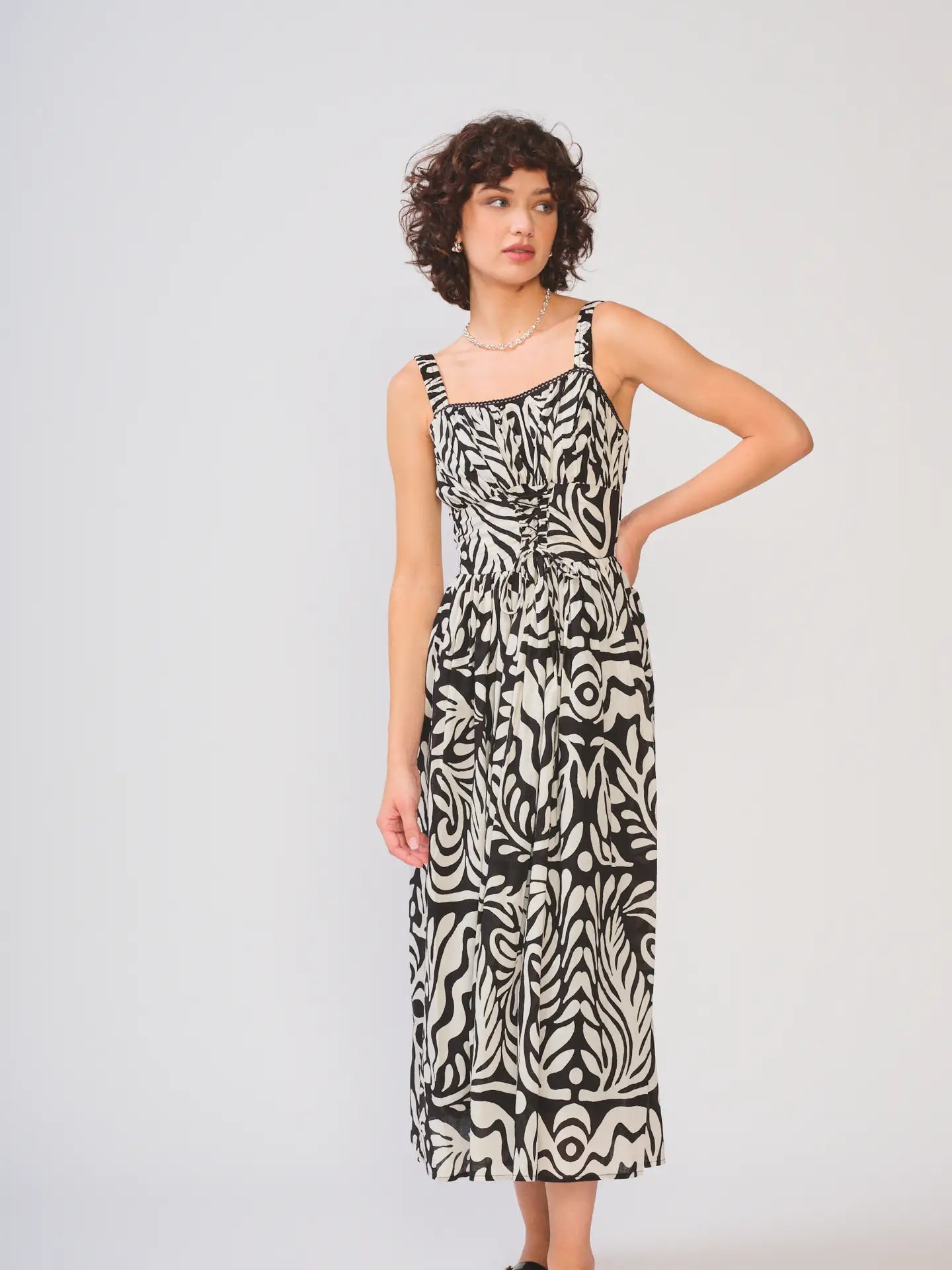 Black & White Corset Bodice Midi Dress