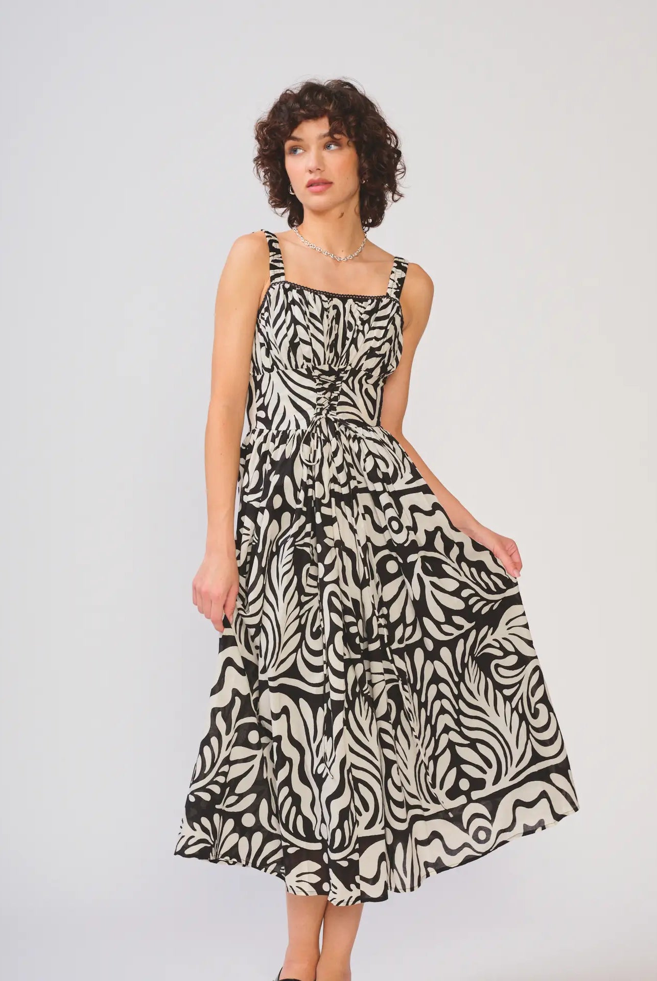 Black & White Corset Bodice Midi Dress