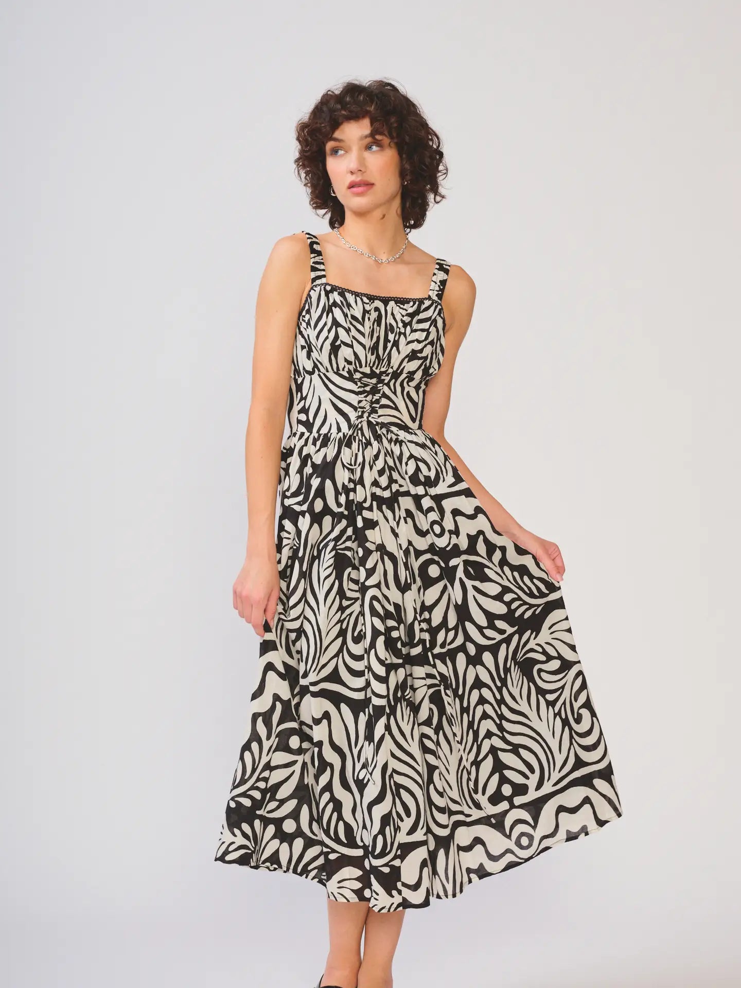 Black & White Corset Bodice Midi Dress