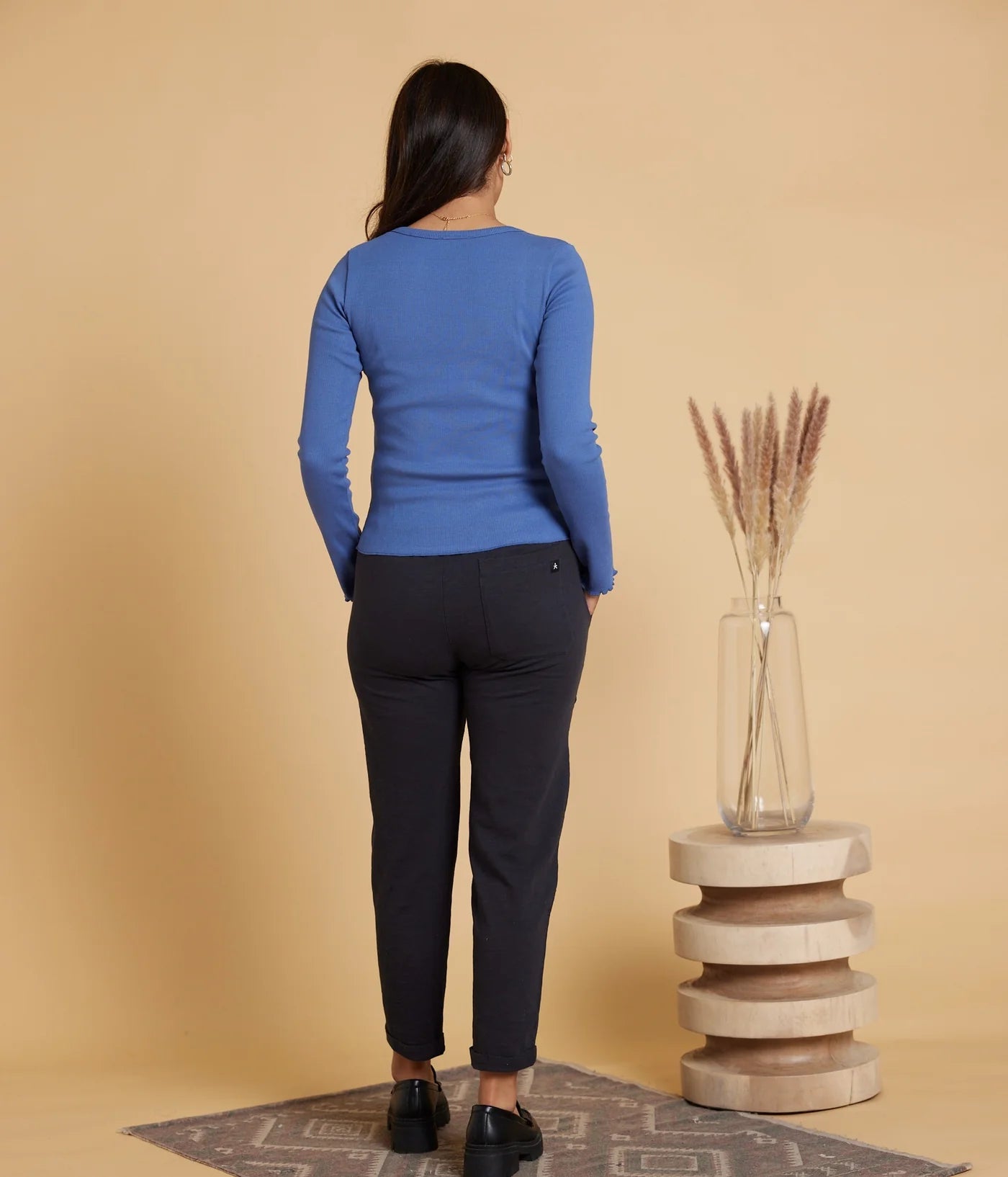 Blue Ribbed Scalloped Long Sleeve Top