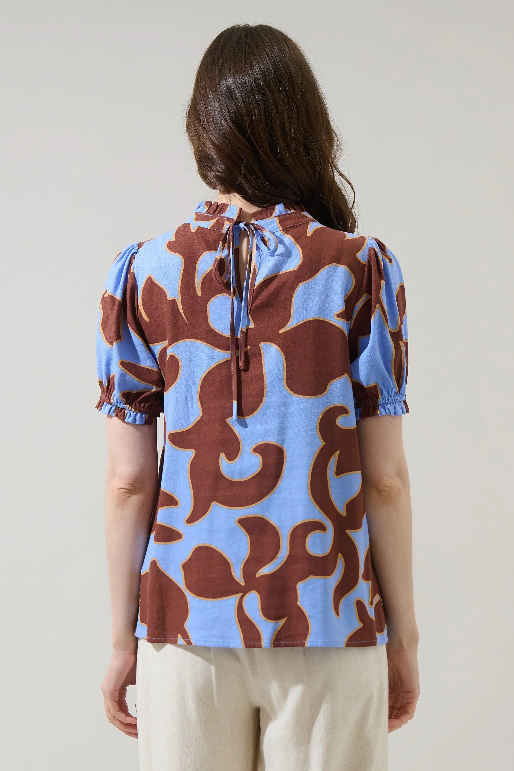 Brown/Blue Printed Short Sleeve Top