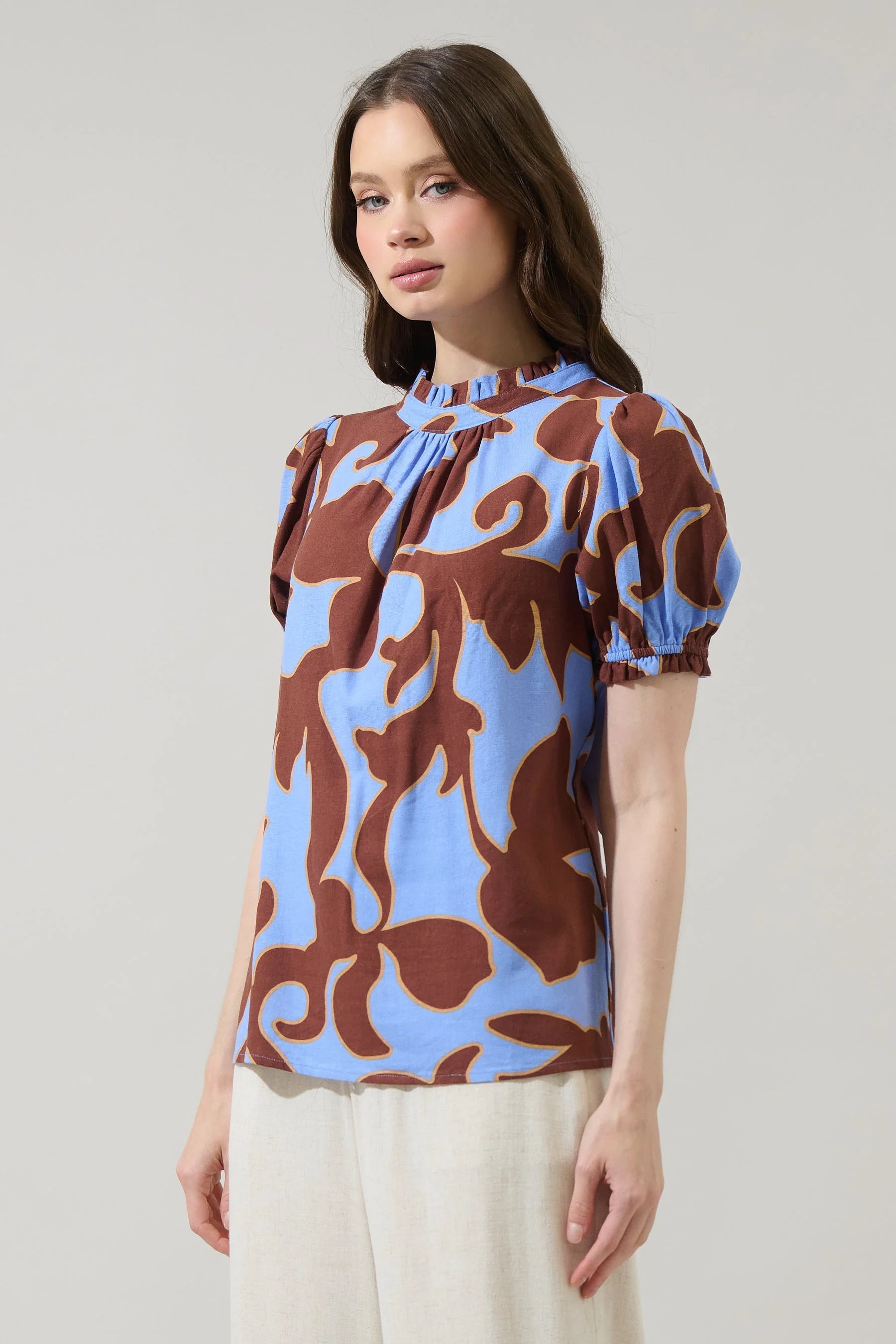 Brown/Blue Printed Short Sleeve Top
