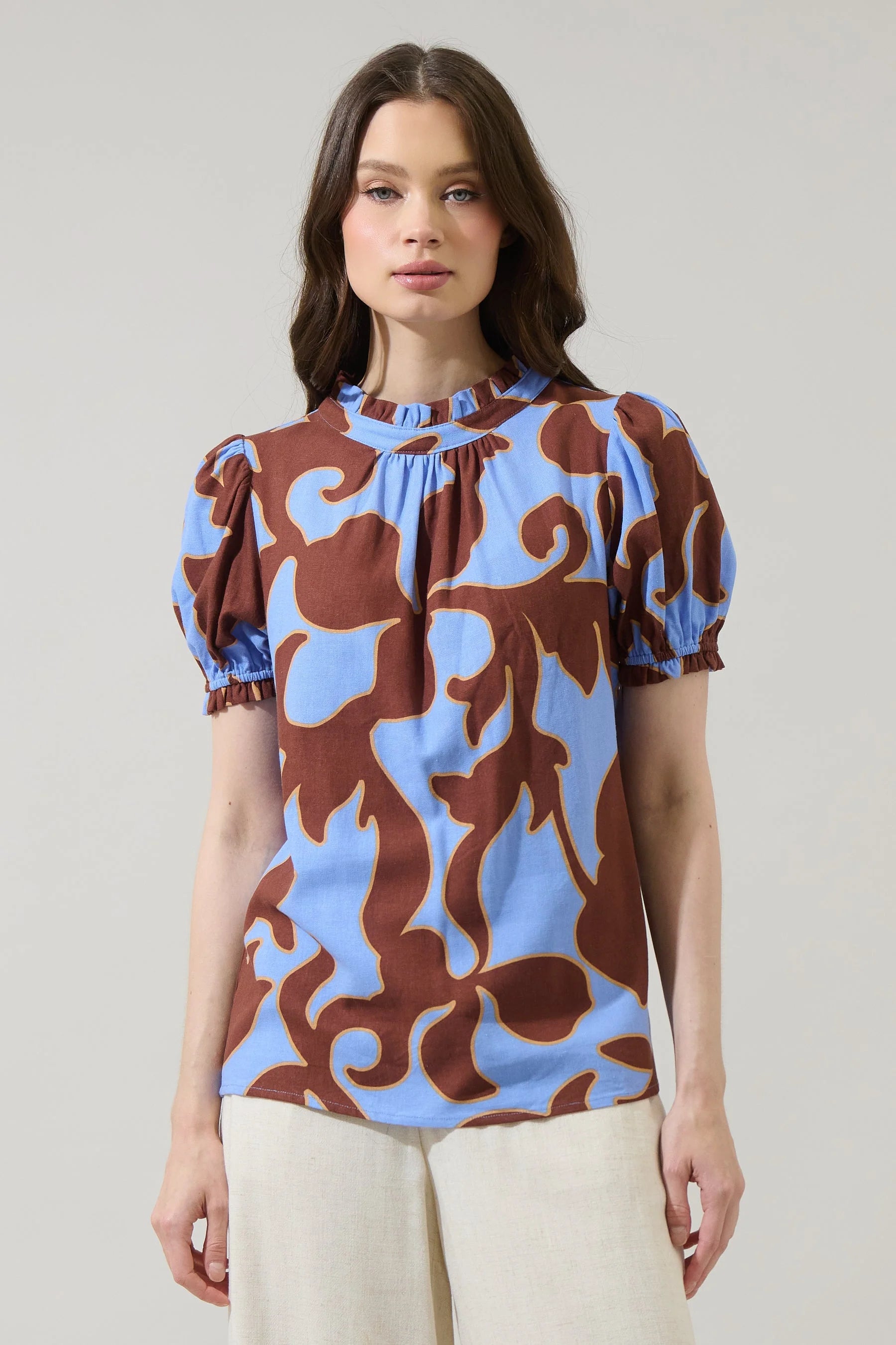 Brown/Blue Printed Short Sleeve Top