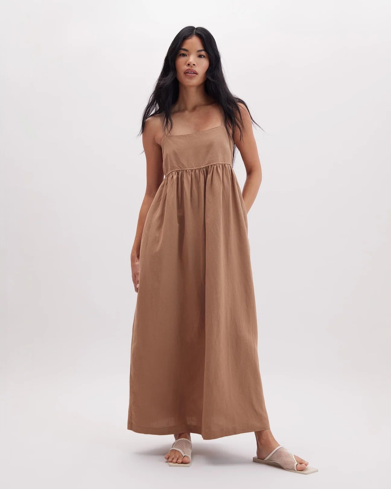 Coffee Brown Women's Linen Maxi Dress