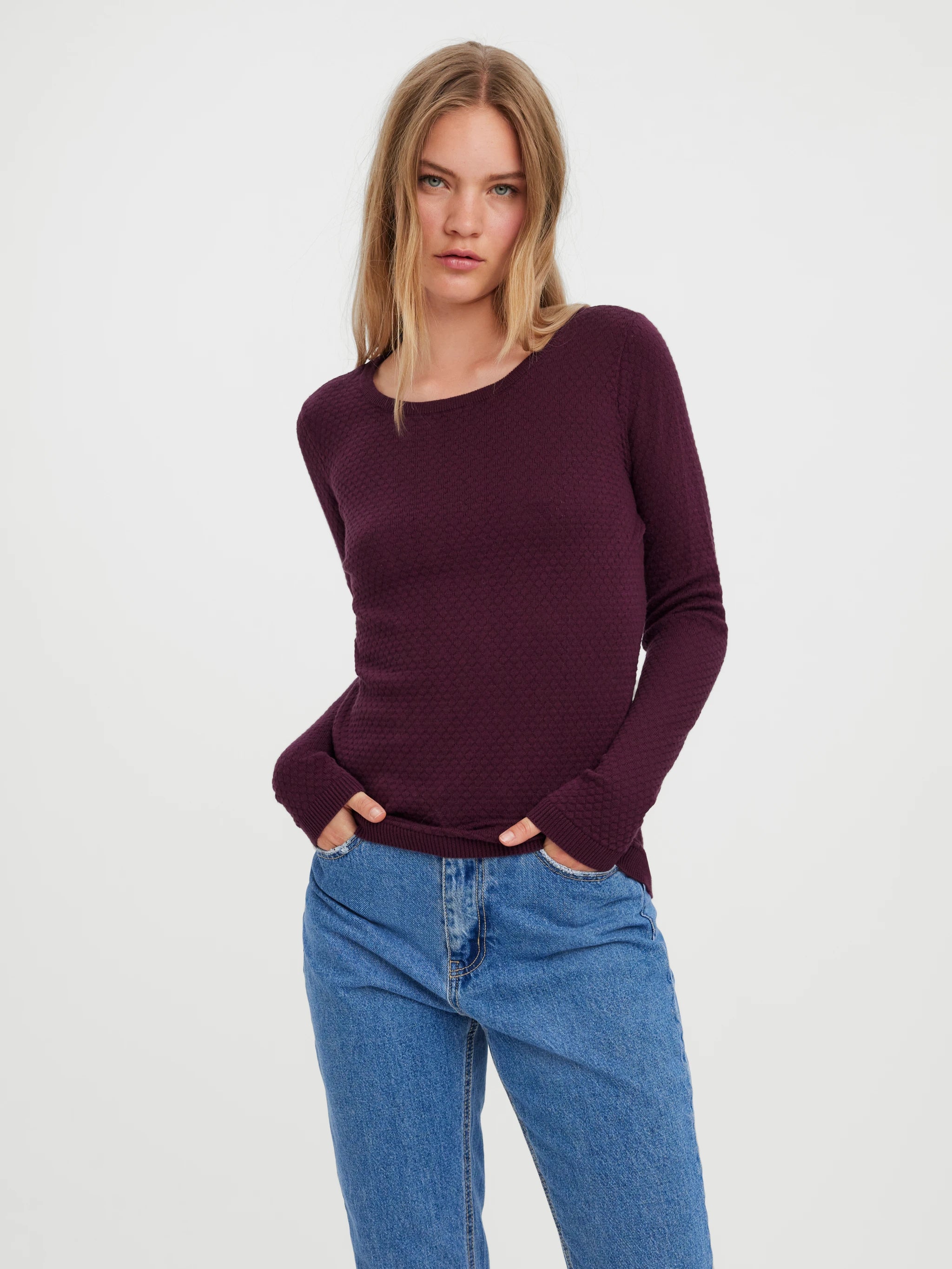 Burgundy Textured Crew Neckline Long Sleeve Top