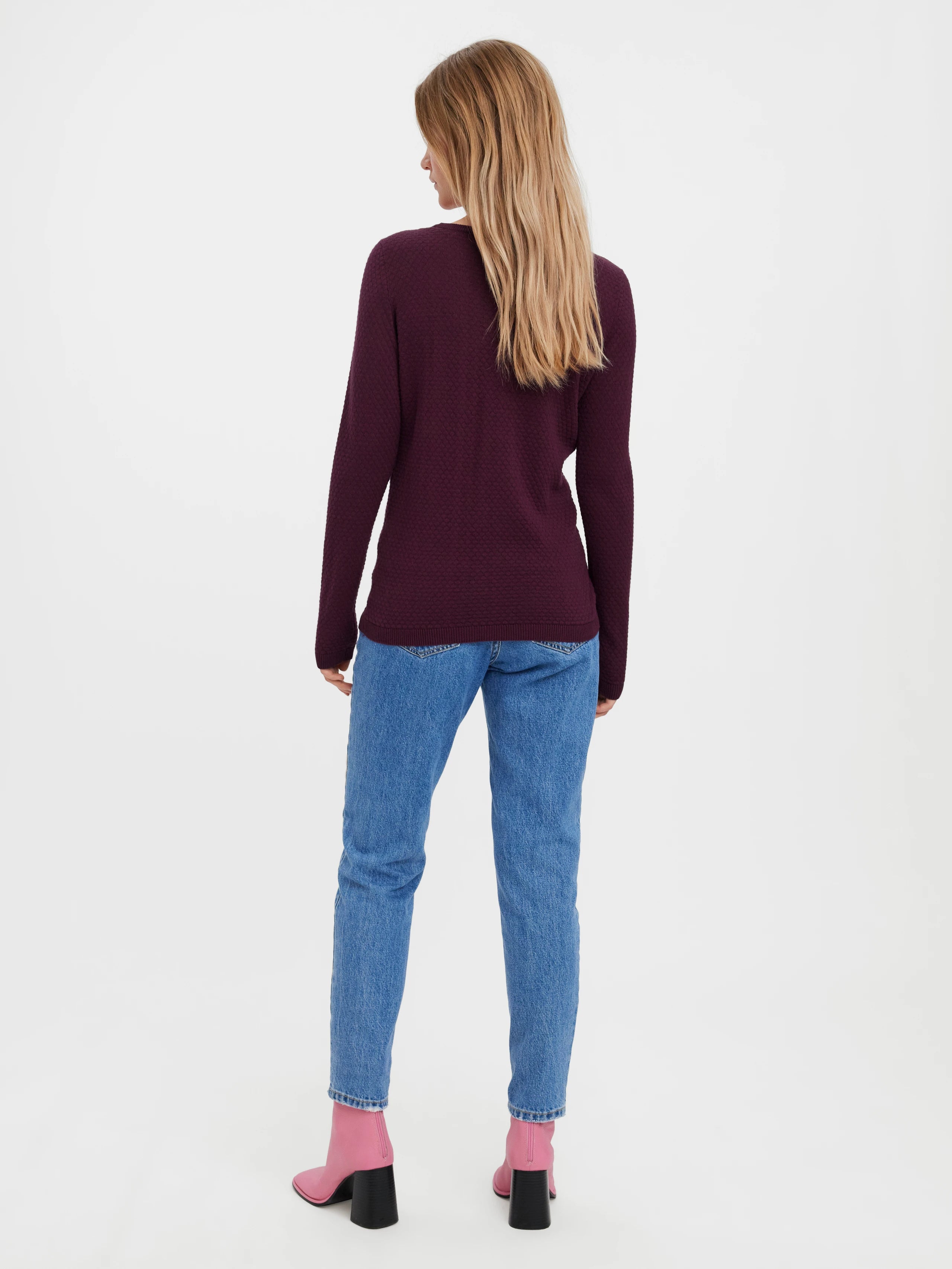 Burgundy Textured Crew Neckline Long Sleeve Top