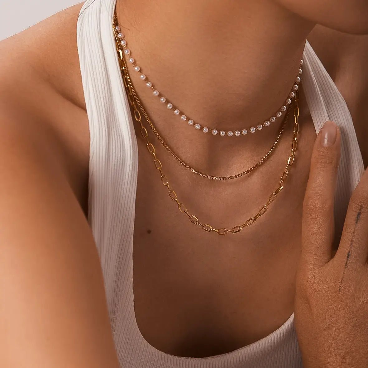 Rose & Lee Co Cadeaux Stacked Pearl Chain Necklace, 18k Gold Necklaces