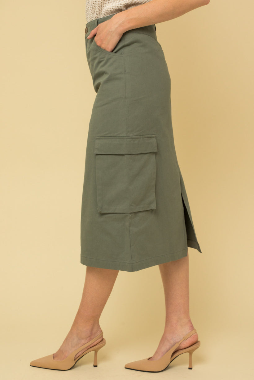 Olive Cargo Midi Skirt Ethical Boutique Apex NC