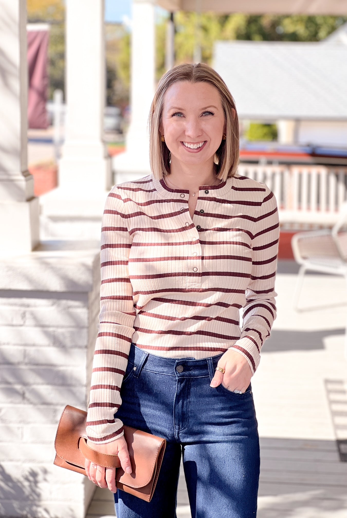 long sleeve top with half button up front, cream and brown stripes