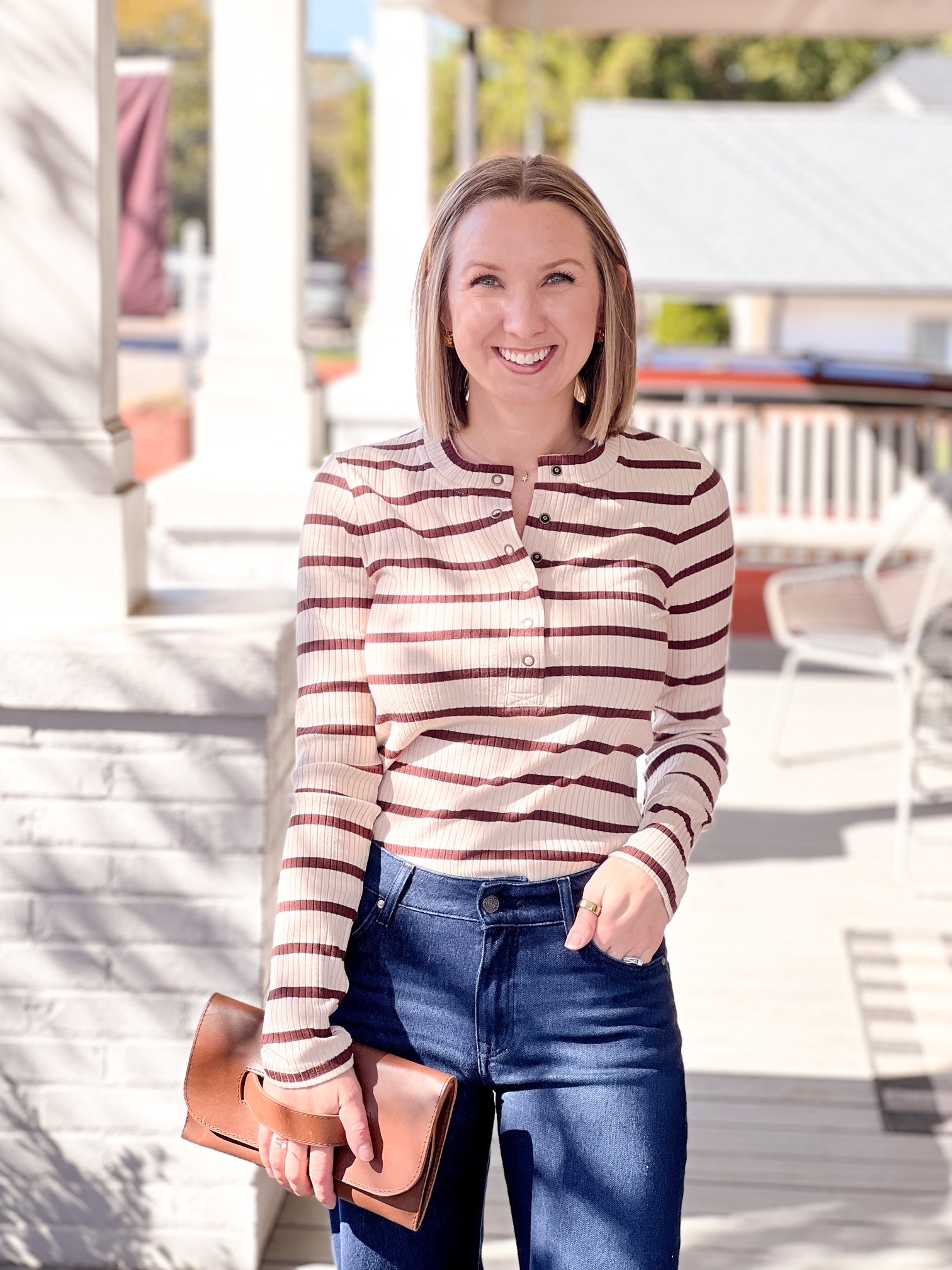 long sleeve top with half button up front, cream and brown stripes