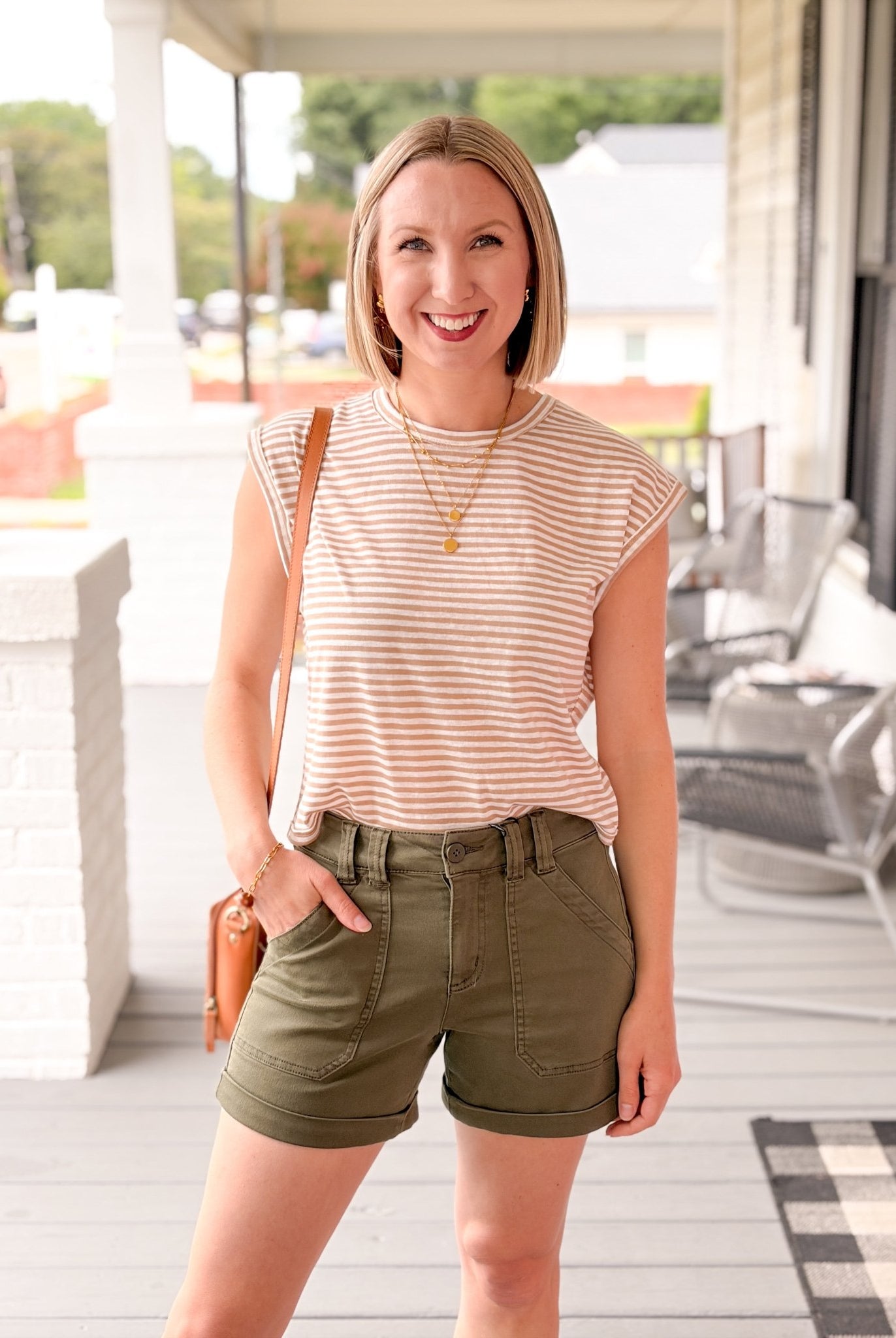 Rose & Lee Co Carrie Tee, Tan/White Stripe short sleeve