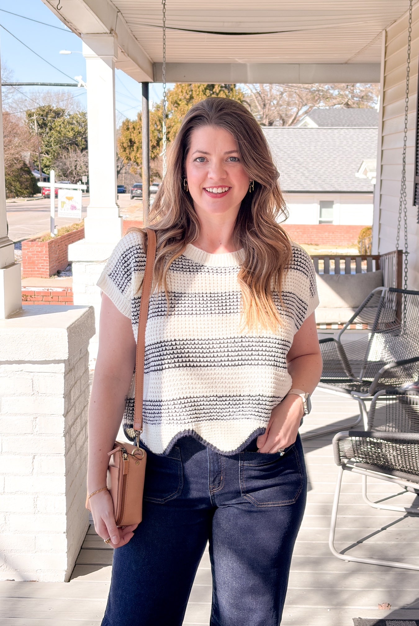 Navy/Ivory Striped Short Sleeve Sweater Top