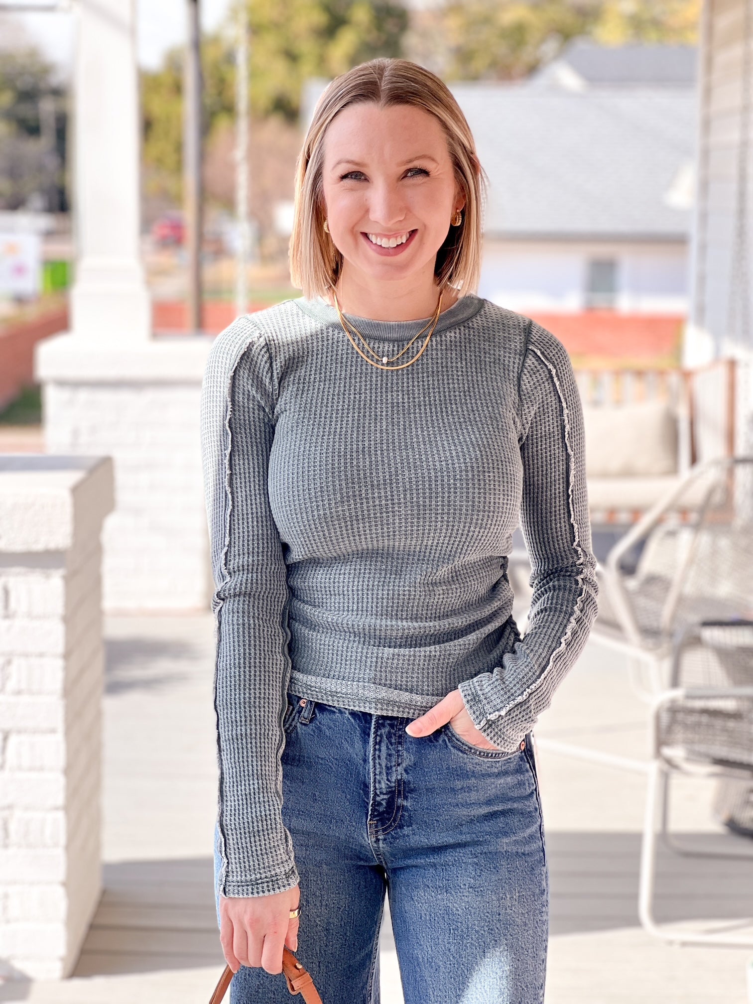 Green Thermal Long Sleeve Top with Side Ruching