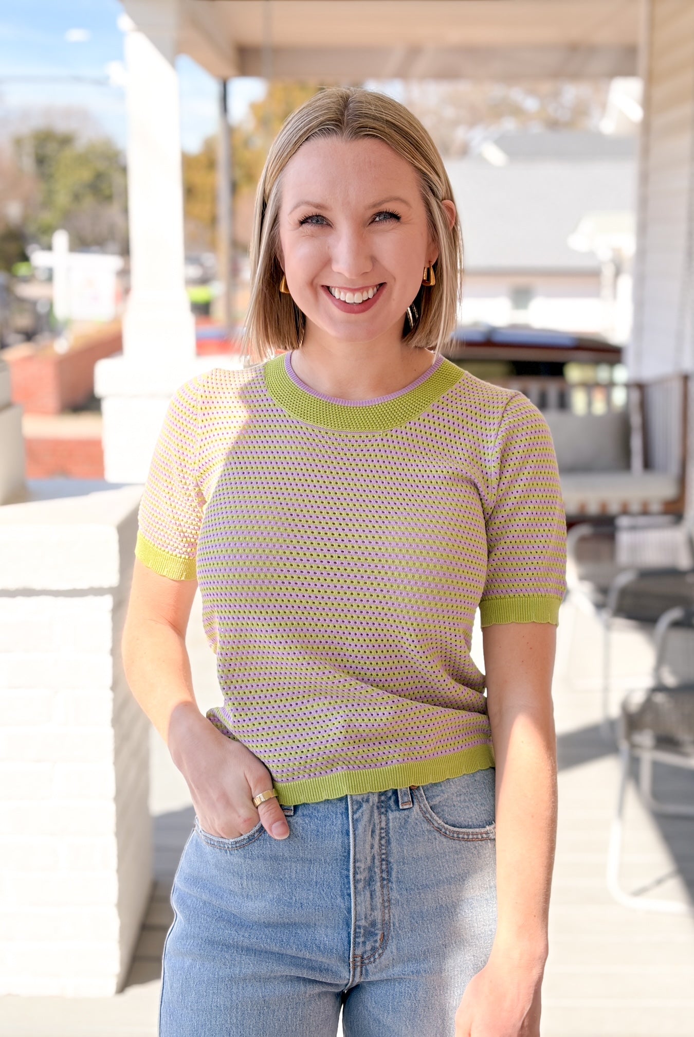 Rose & Lee Co Cora Top, Lavender/Lime Stripe by dRA short sleeve