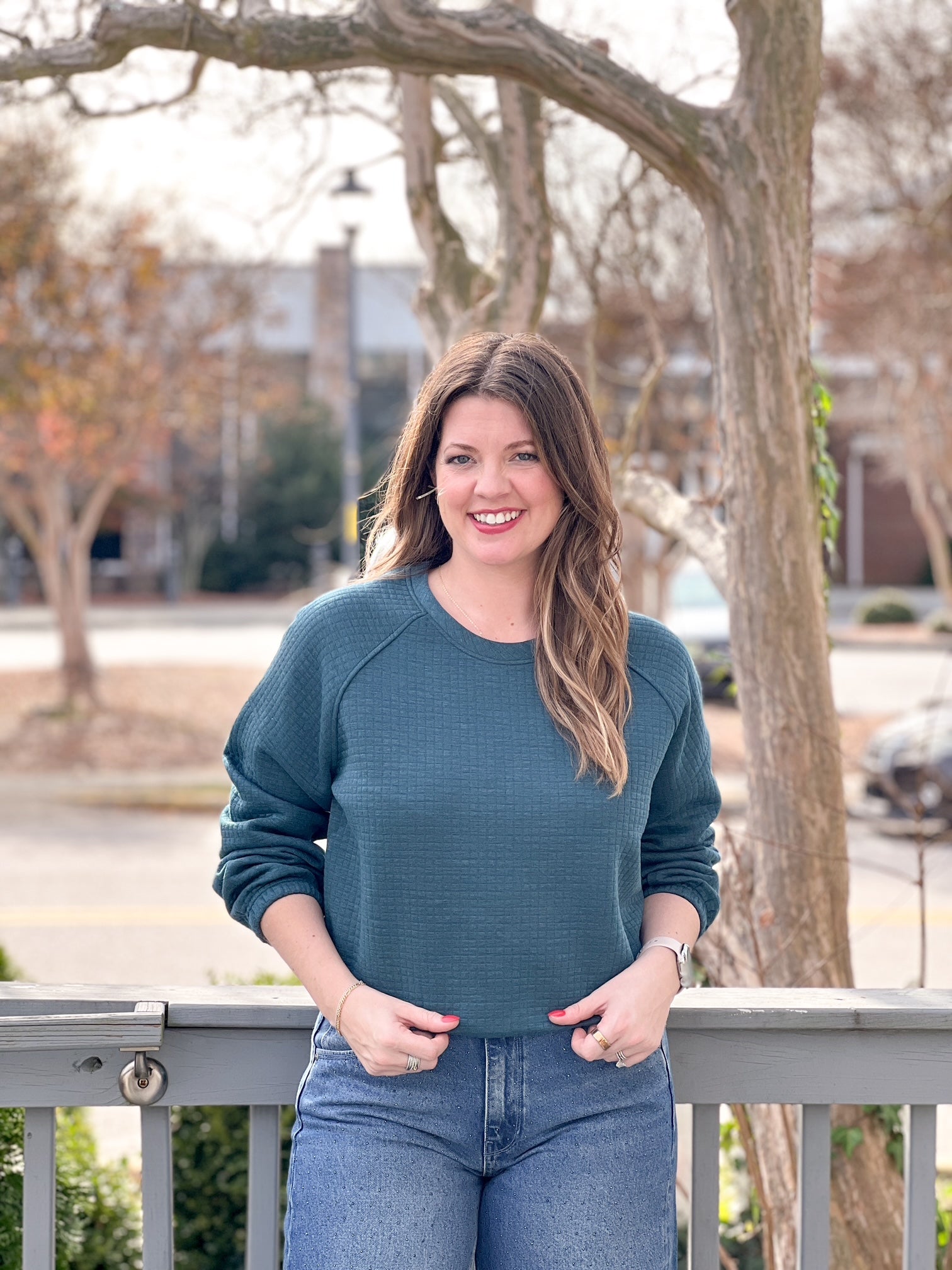 quilted teal crewneck sweater