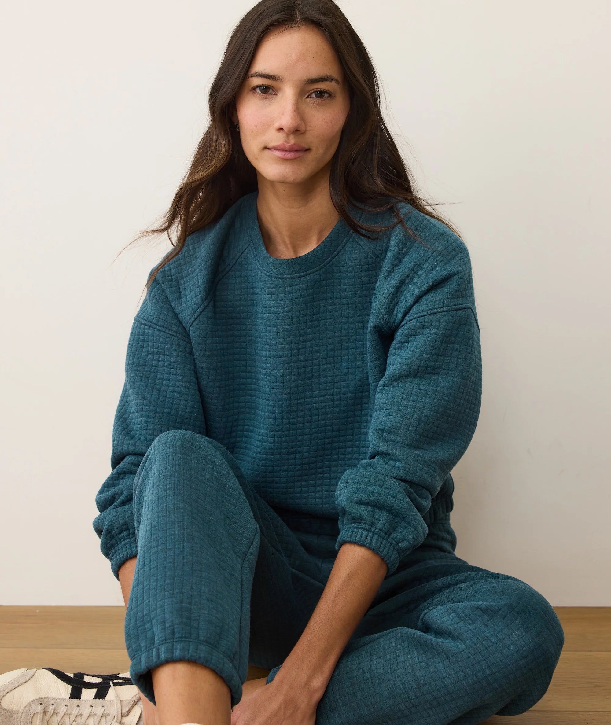 Corbet Quilted Crewneck by Marine Layer Dark Teal Heather Ethical Women's Boutique Apex NC