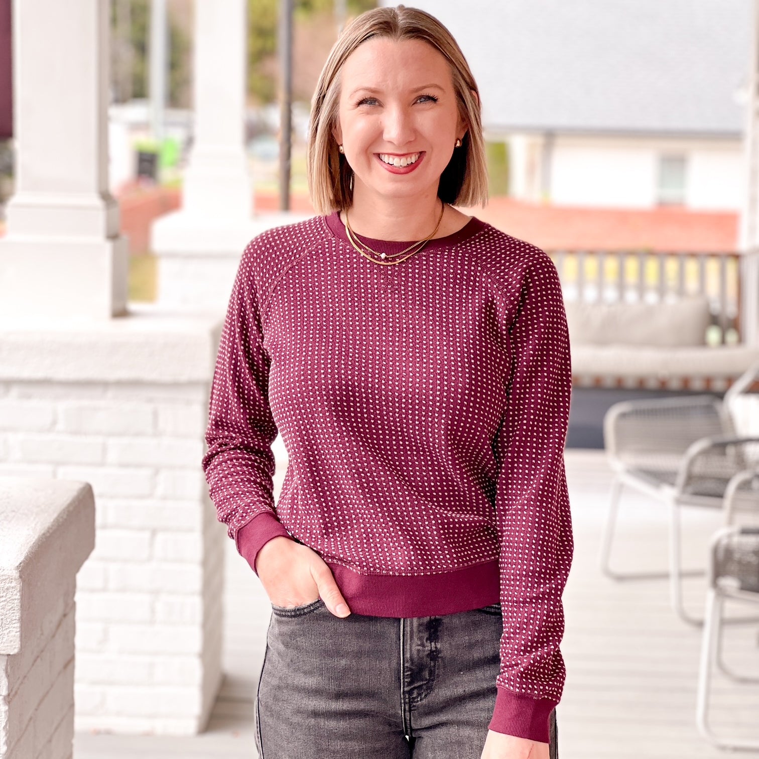 dot textured crew neck sweater