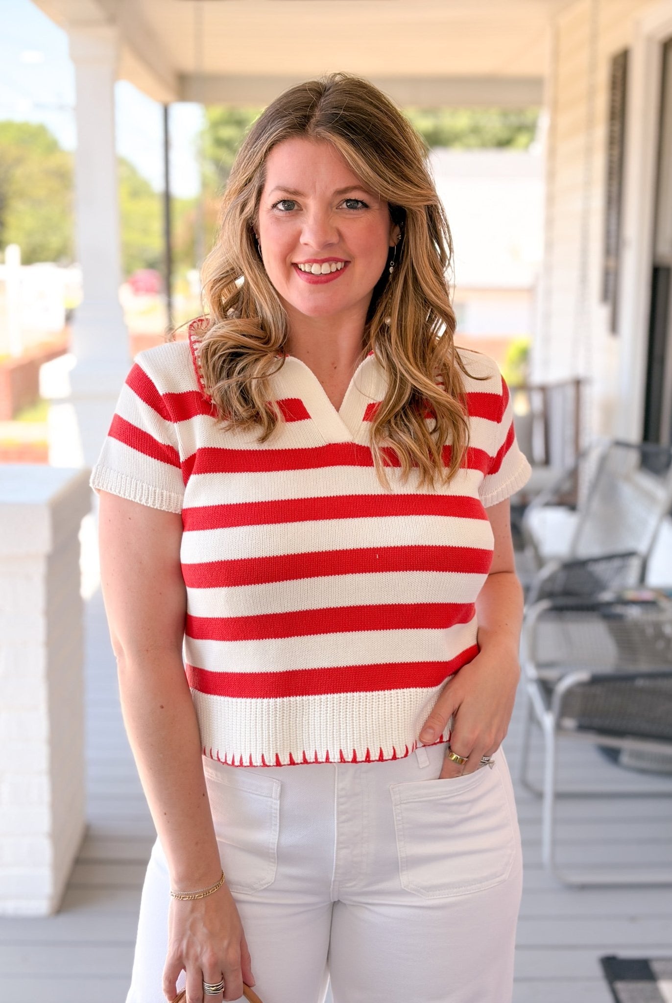 Rose & Lee Co Dalton Top, Coral/White short sleeve