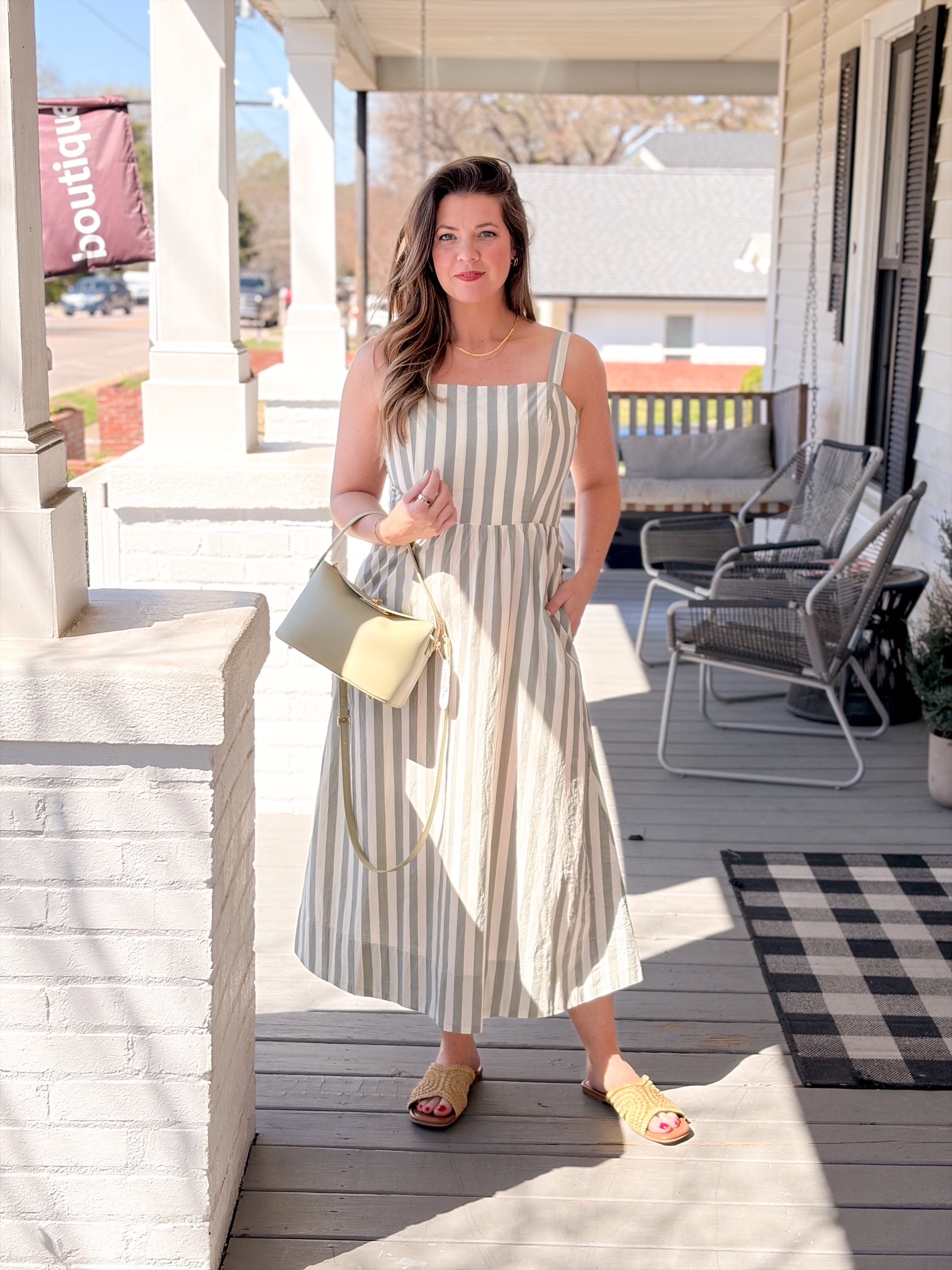 Green Striped Fitted & Flared Midi Dress