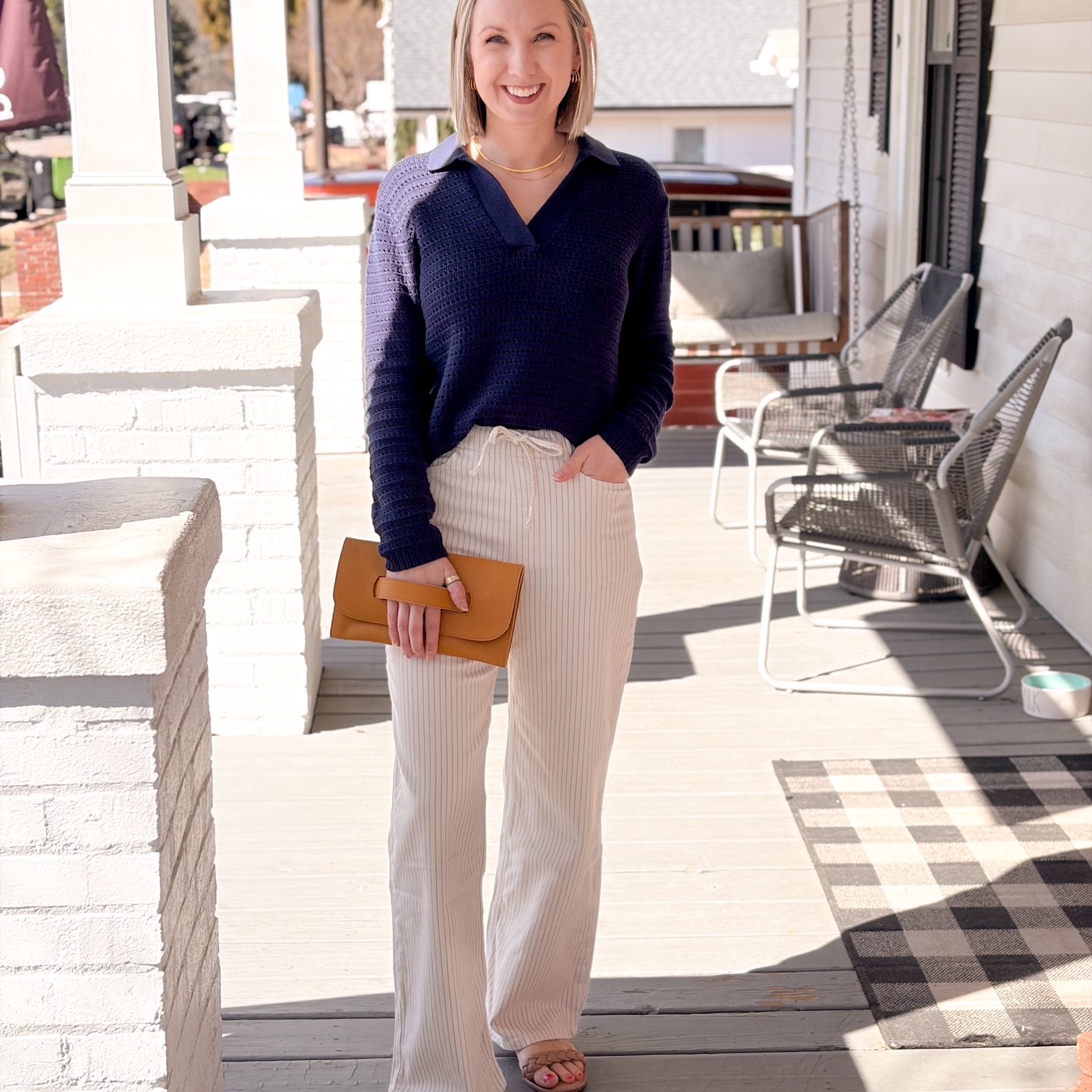 wide leg pant, elastic waist, ivory with pin stripe