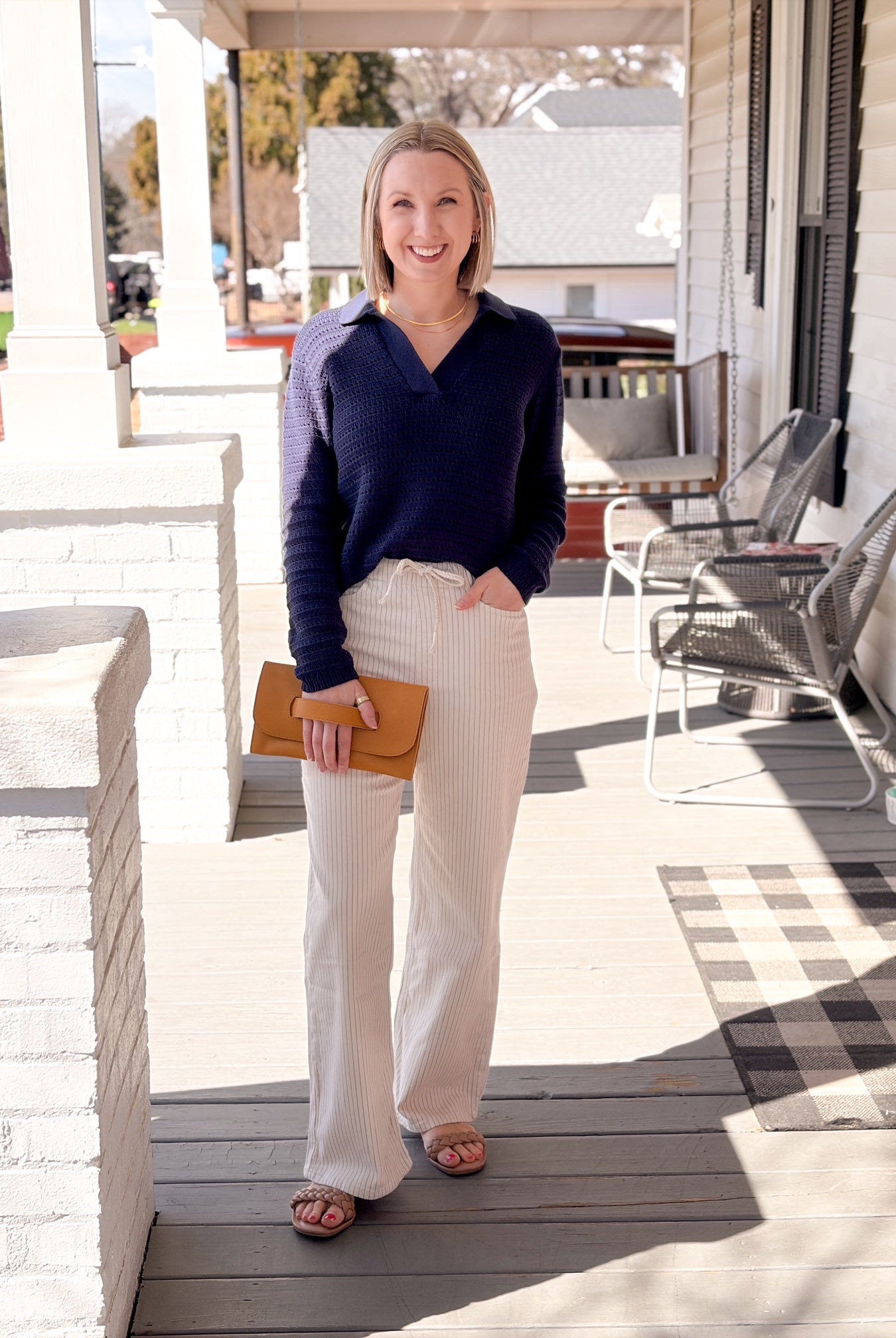 wide leg pant, elastic waist, ivory with pin stripe