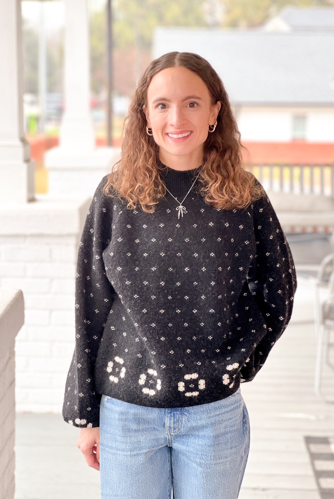 Soft Black & White Long Sleeve Sweater with Mock Neckline