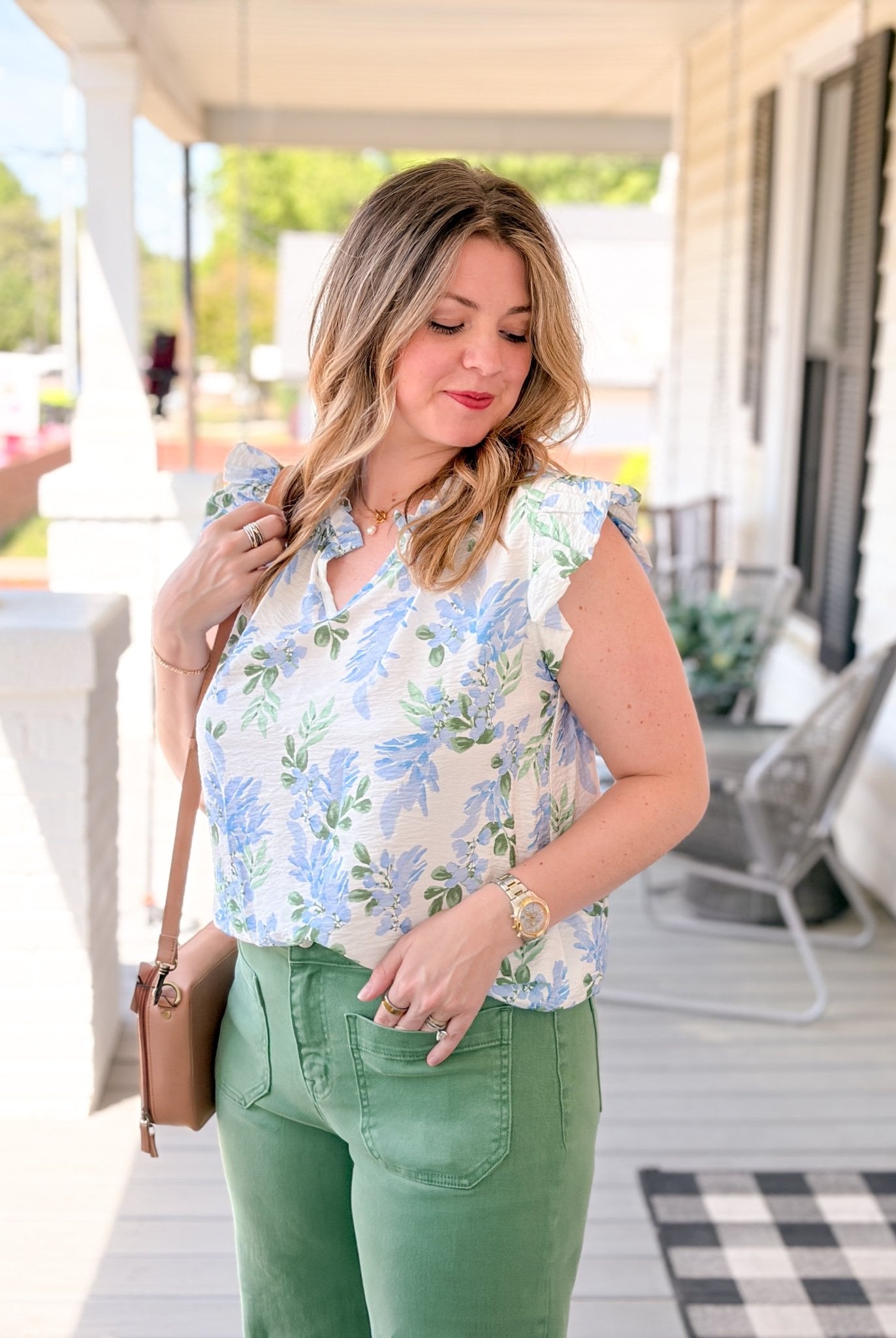 Rose & Lee Co Faith Top, Blue Floral Work Tops