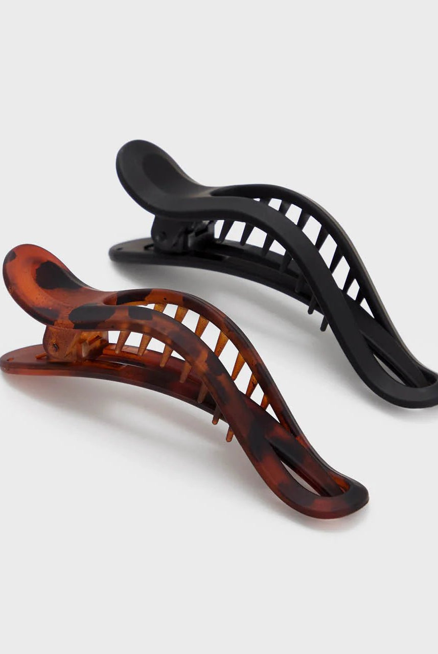 Rose & Lee Co Flat Lay Curved Claw Clip 2pc, Black & Tortoise Hair