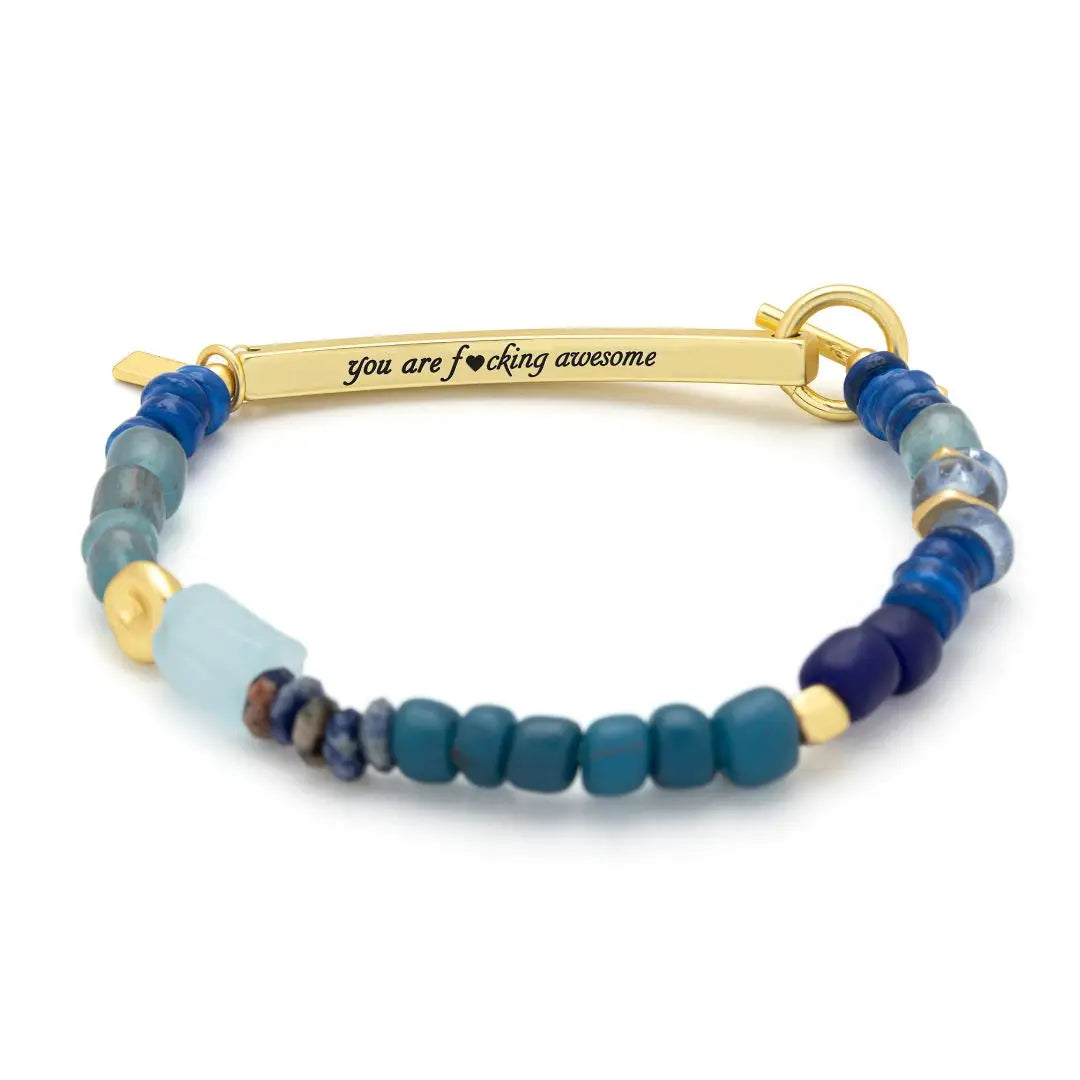 Hidden Message Bracelet, F*cking Awesome/Aquamarine/Gold