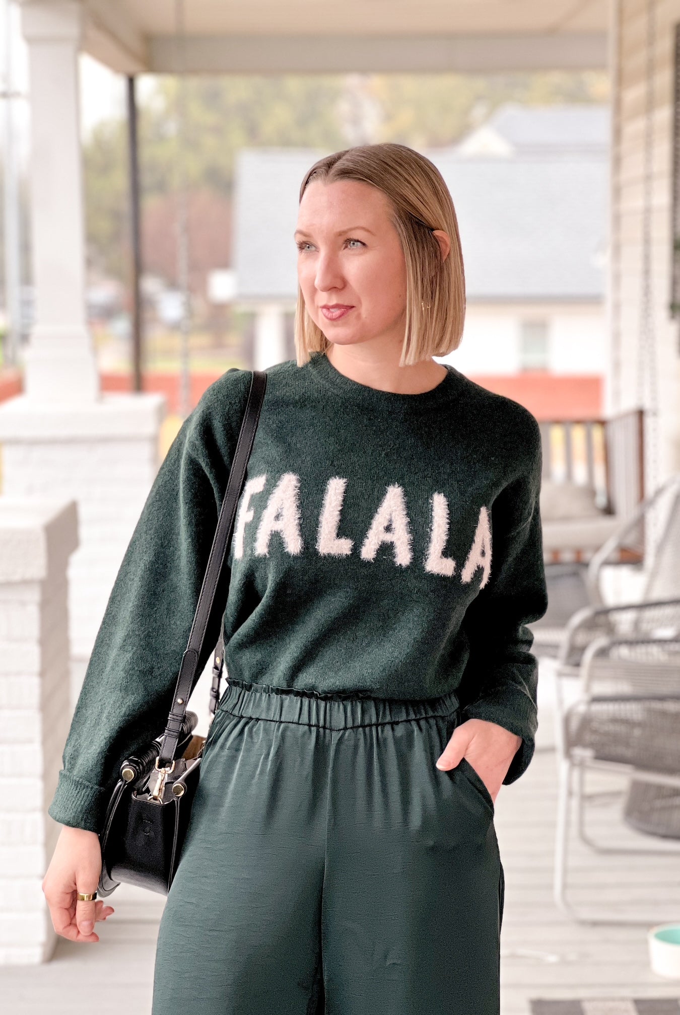 Soft Green Long Sleeve Sweater that says "Fa La La"