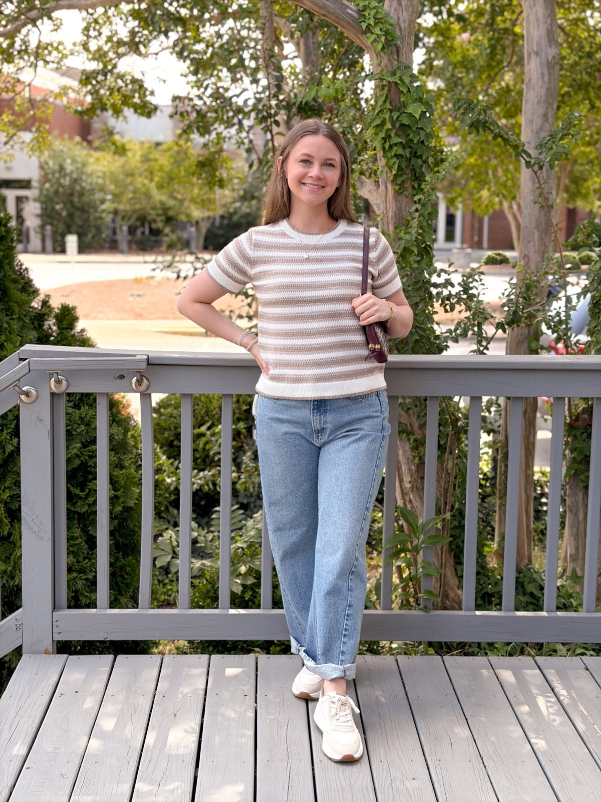 Rose & Lee Co Welles Top, Ivory/Beige Stripe short sleeve