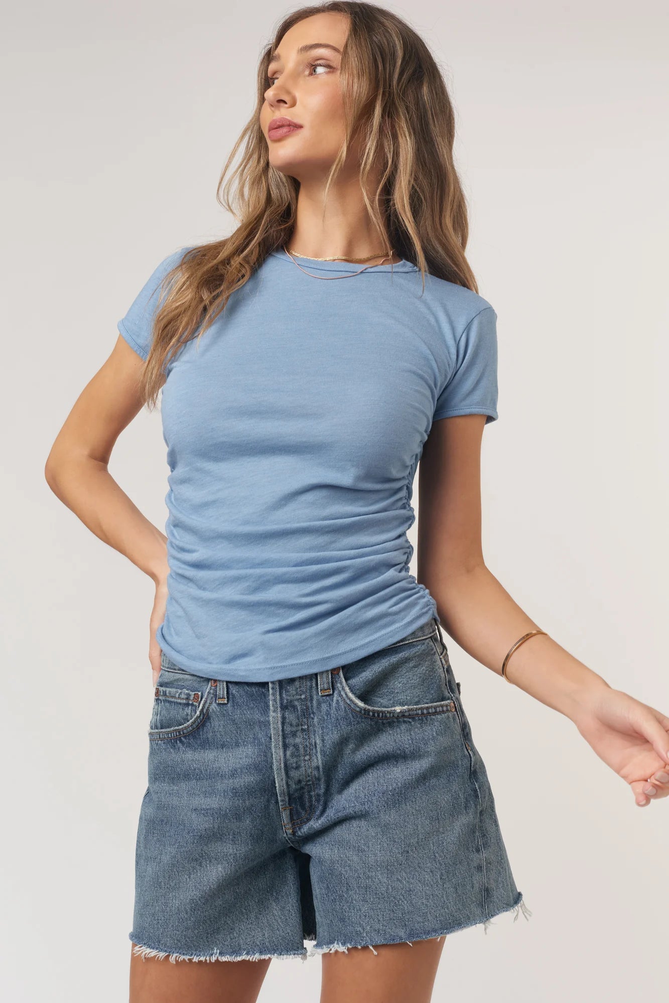 Izzie Ruched Baby Tee Provence Blue Ethical Boutique Women Owned.