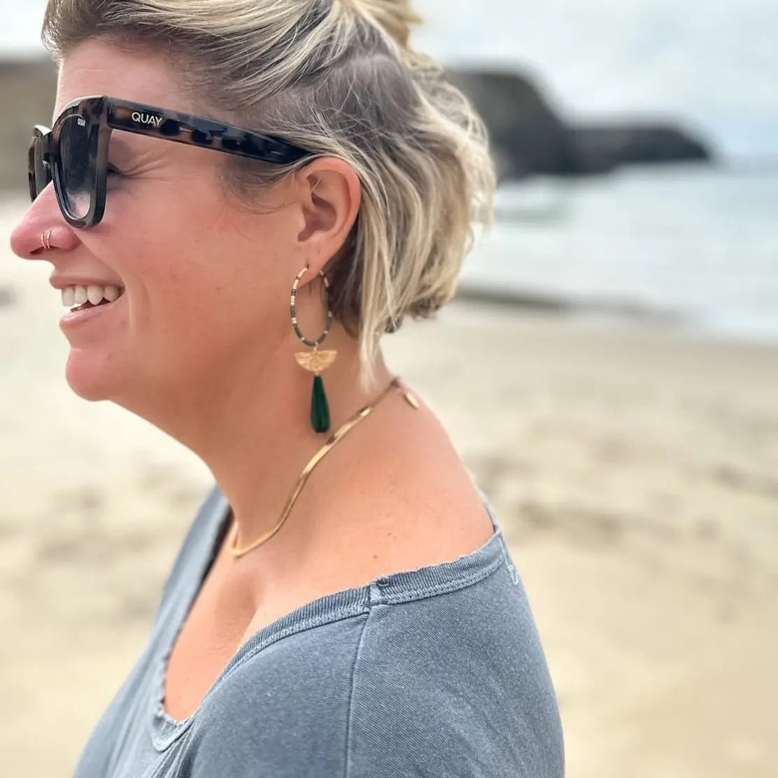 Rose & Lee Co Jade Drop Hoops with Gold & Emerald Seed Beads Earrings