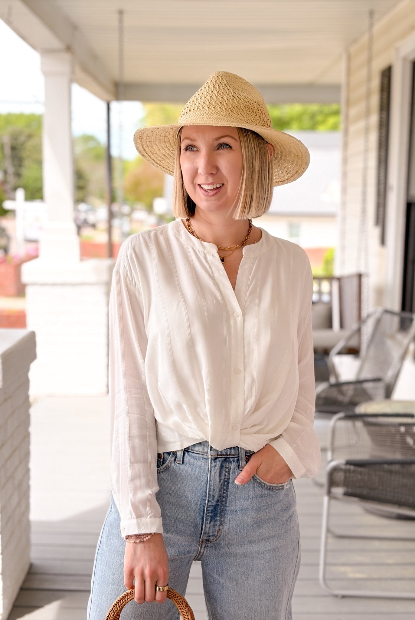 Rose & Lee Co Jade Top, White Long Sleeve