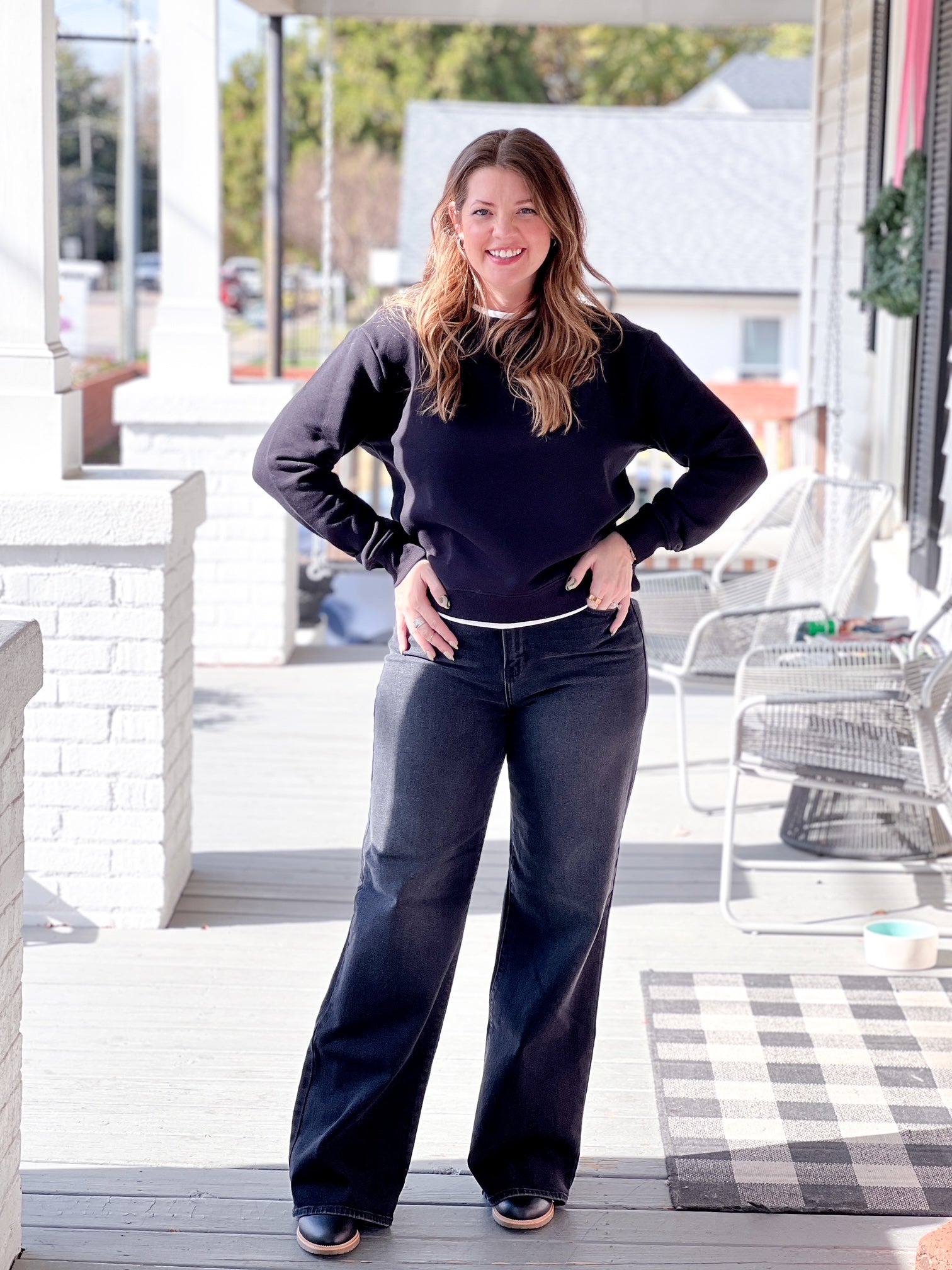 Black Sweatshirt with a White Neckline & Hemline