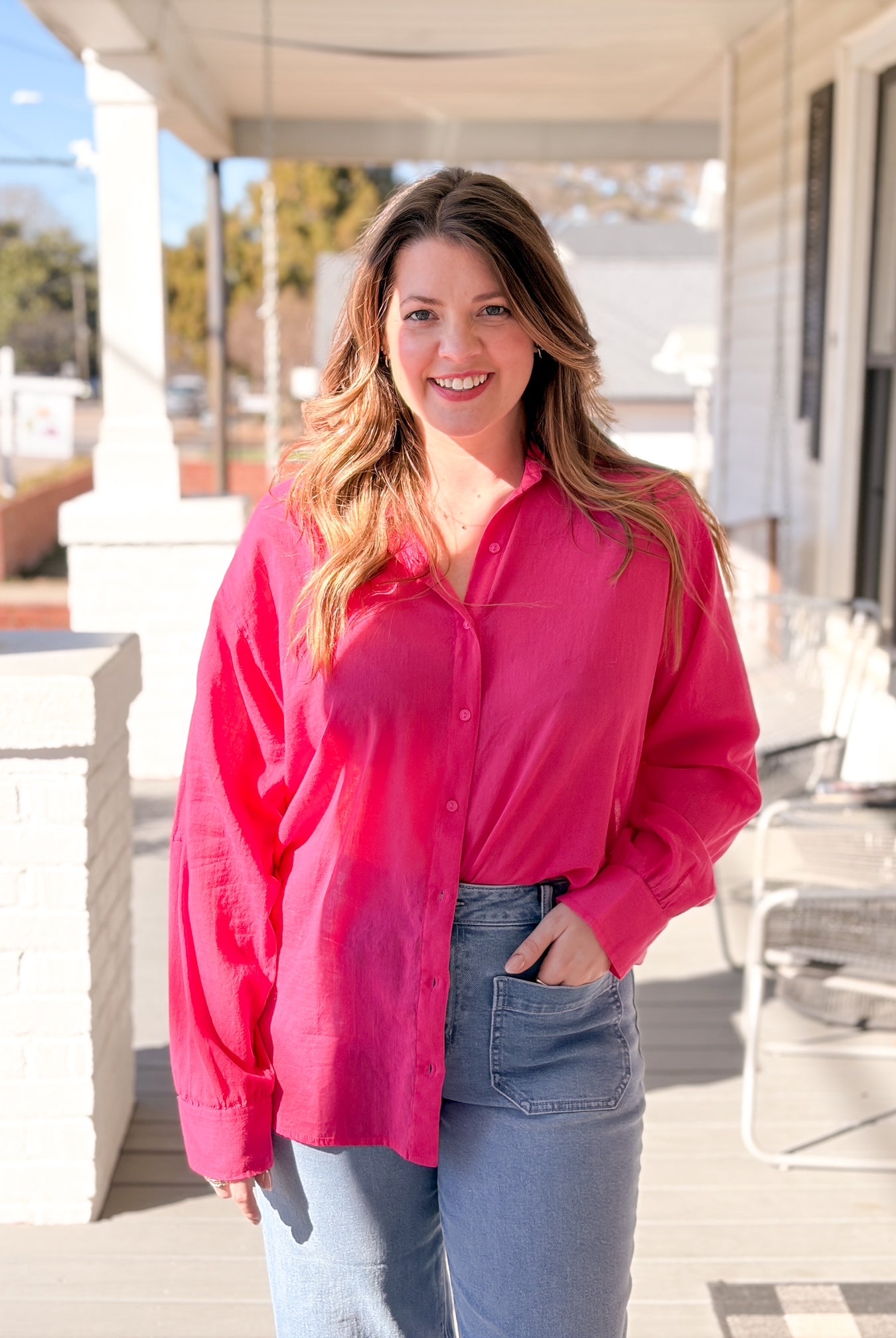 Hot Pink Lightweight Top with Gold Writing on the Back