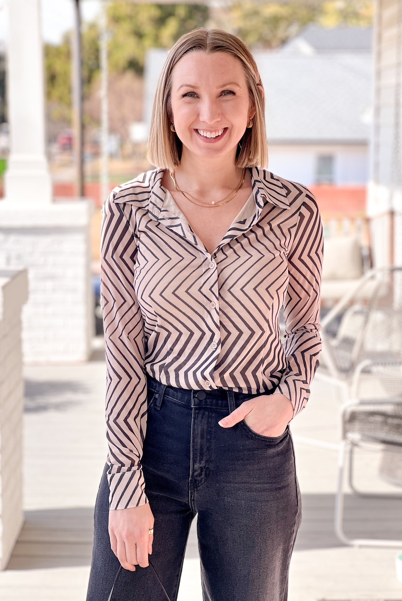 long sleeve button up brown top with chevron detailing
