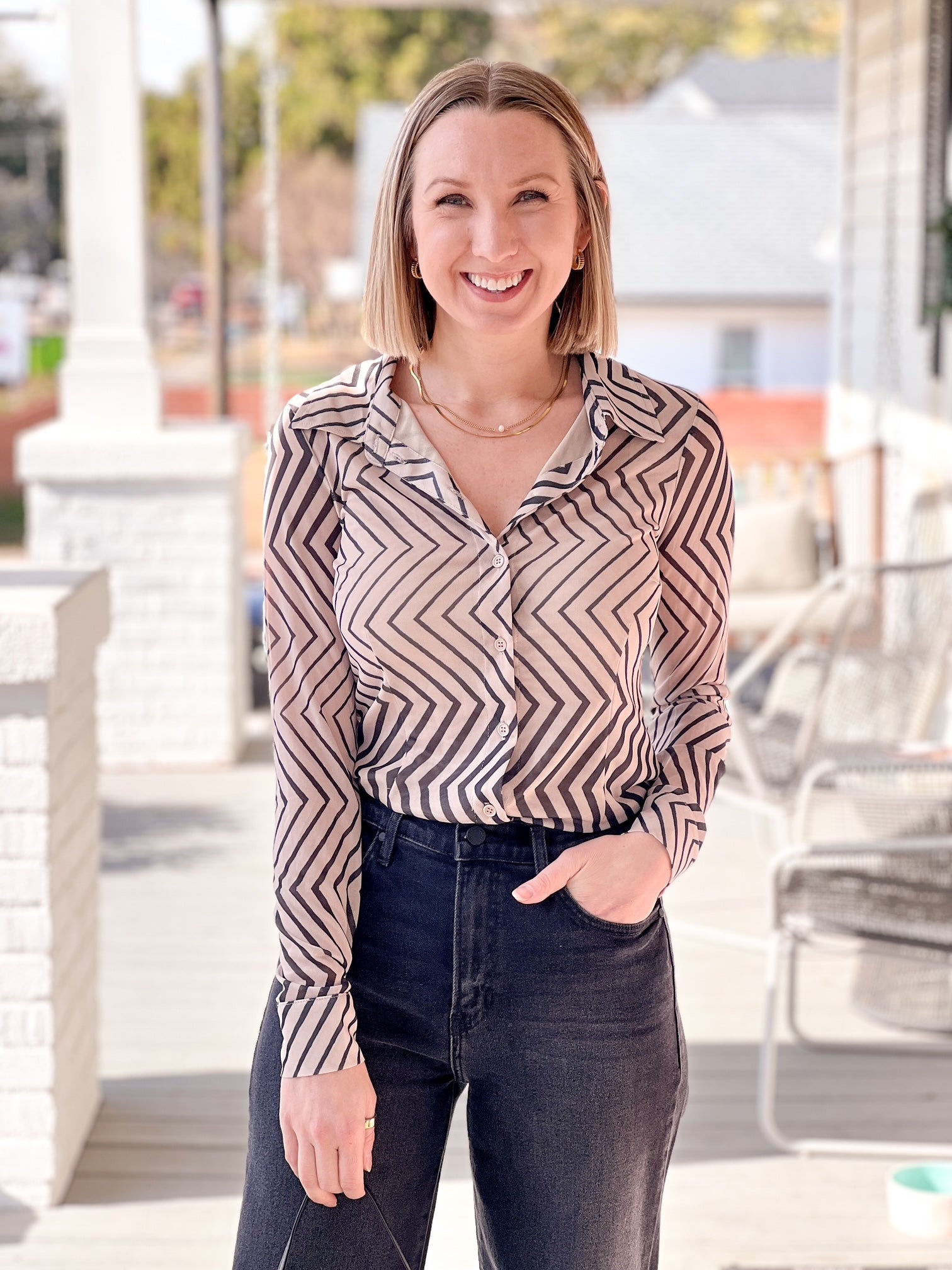 long sleeve button up brown top with chevron detailing