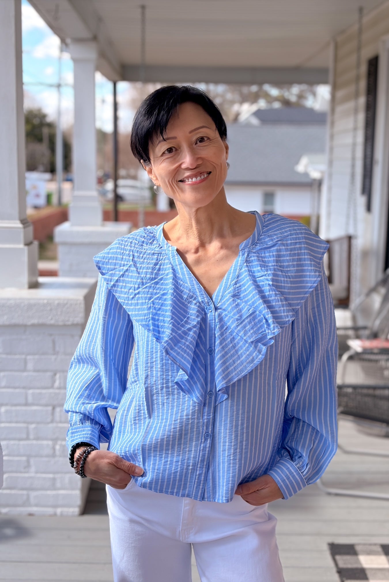 Rose & Lee Co Kaja Top, Vista Blue Work Tops