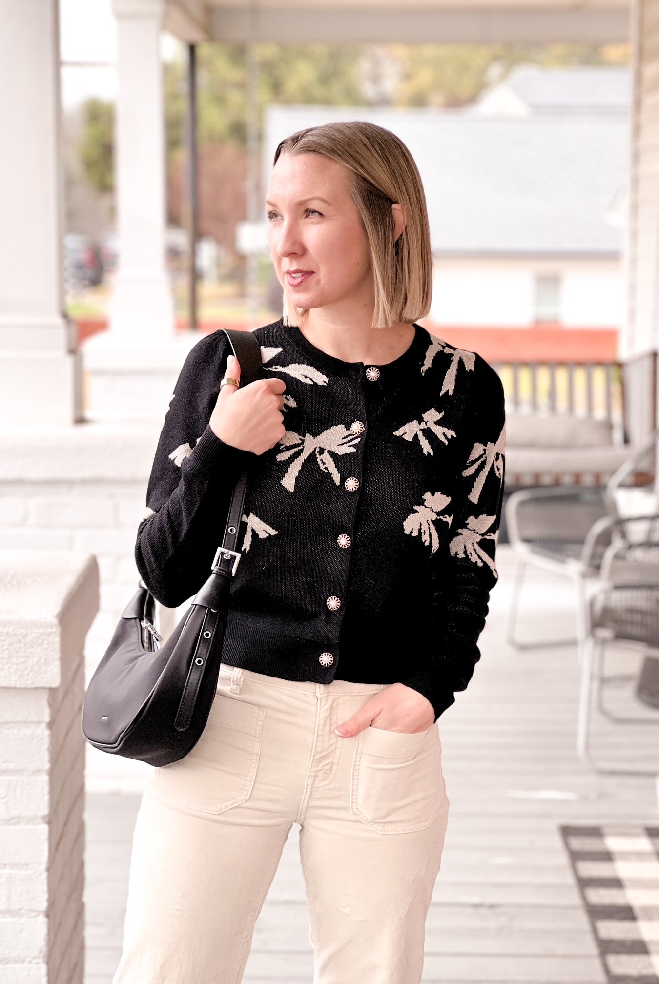Long Sleeve Cardigan with a Bow Print